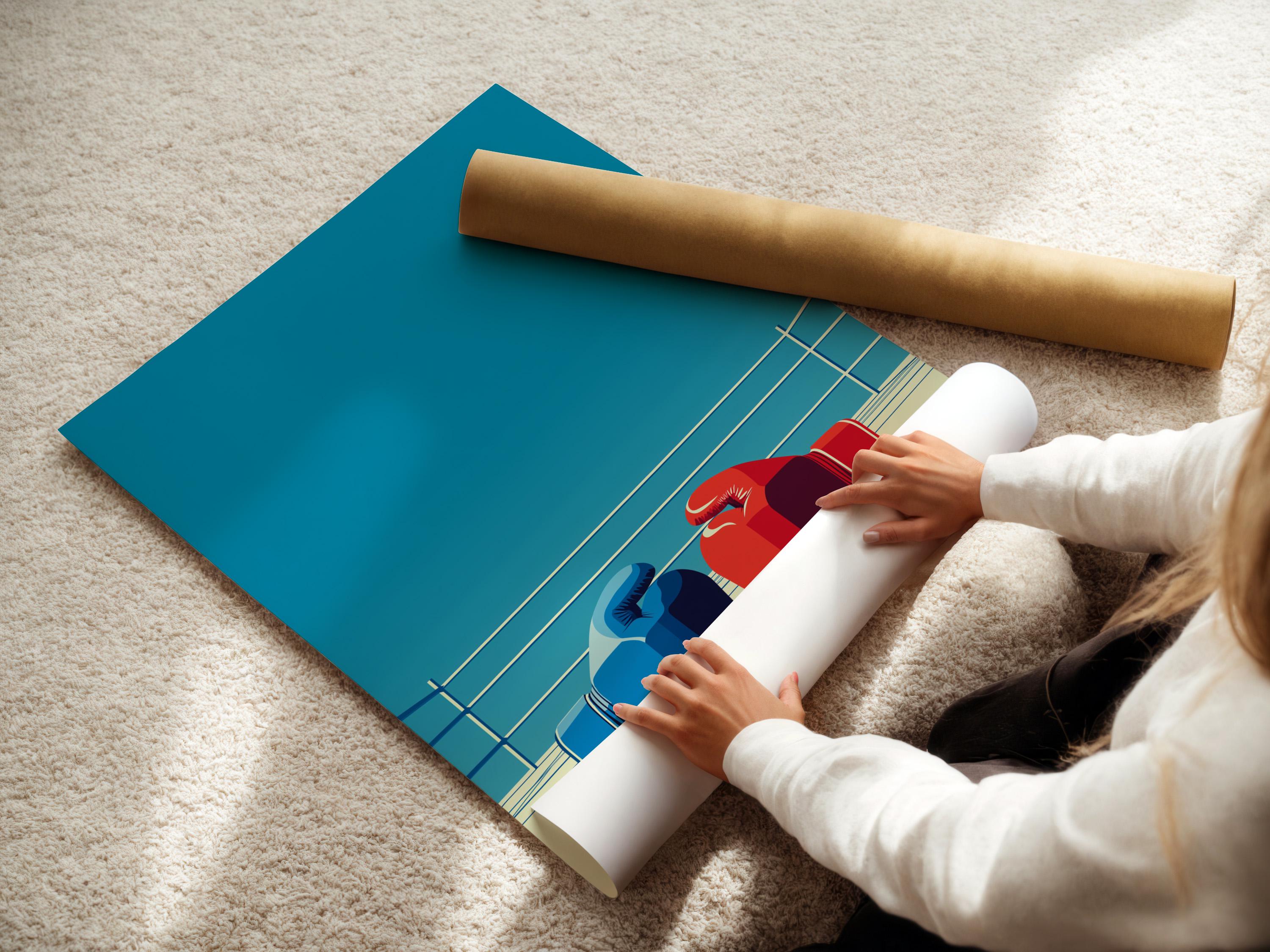 Wall mockup showing a framed boxing ring artwork with blue and red gloves and white ropes