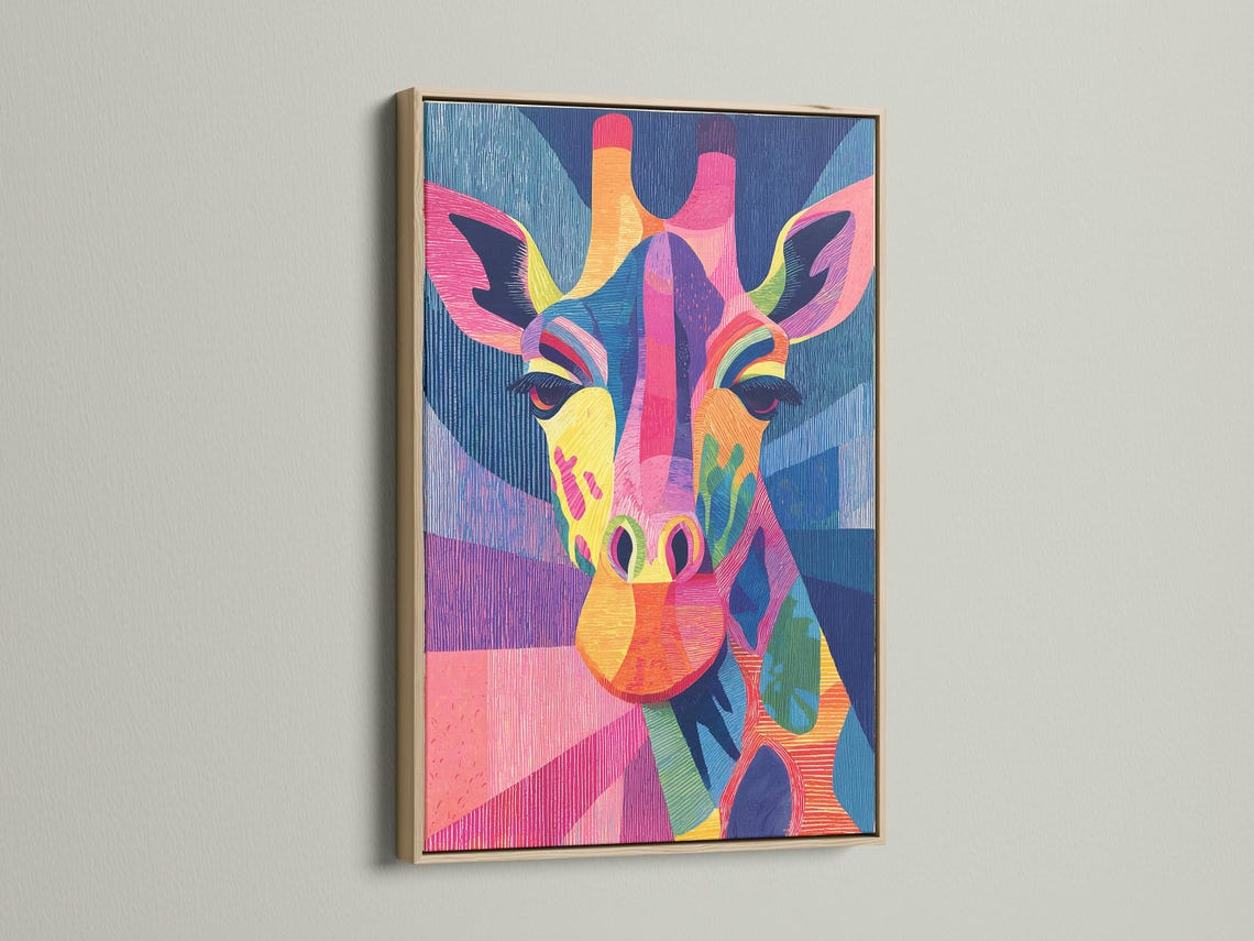 Stylised rainbow giraffe portrait with textured blue, pink and purple geometric background detail view