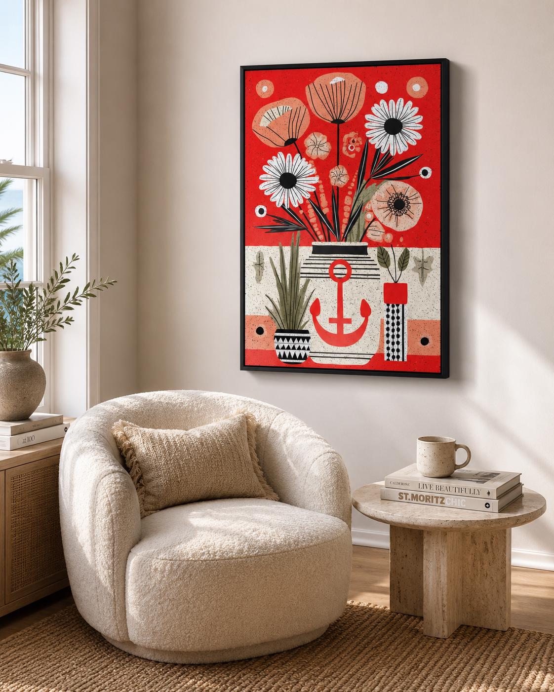 Woman looking at red anchor floral artwork in a modern room