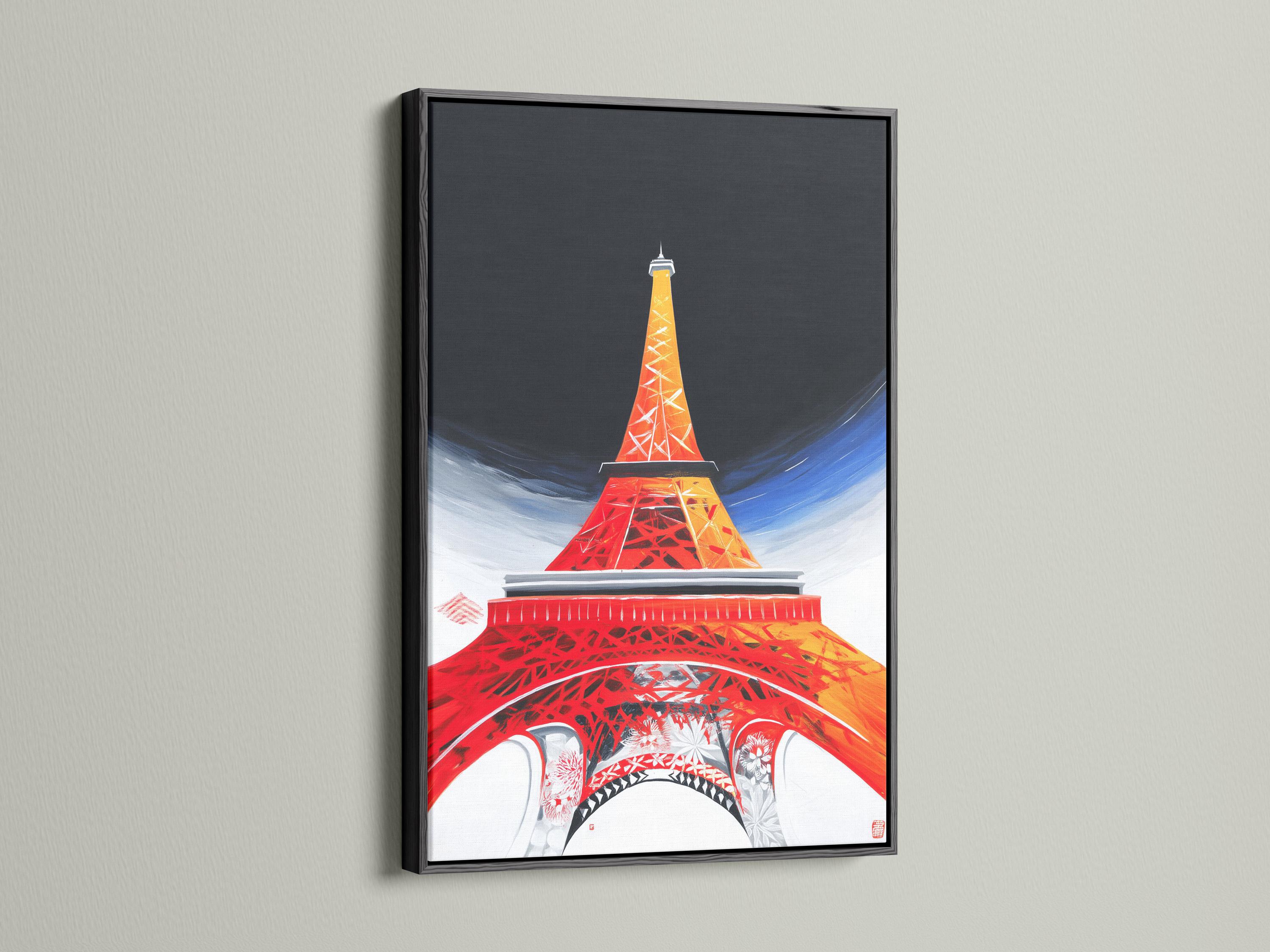Room mockup showing framed Eiffel Tower artwork in red, orange and blue