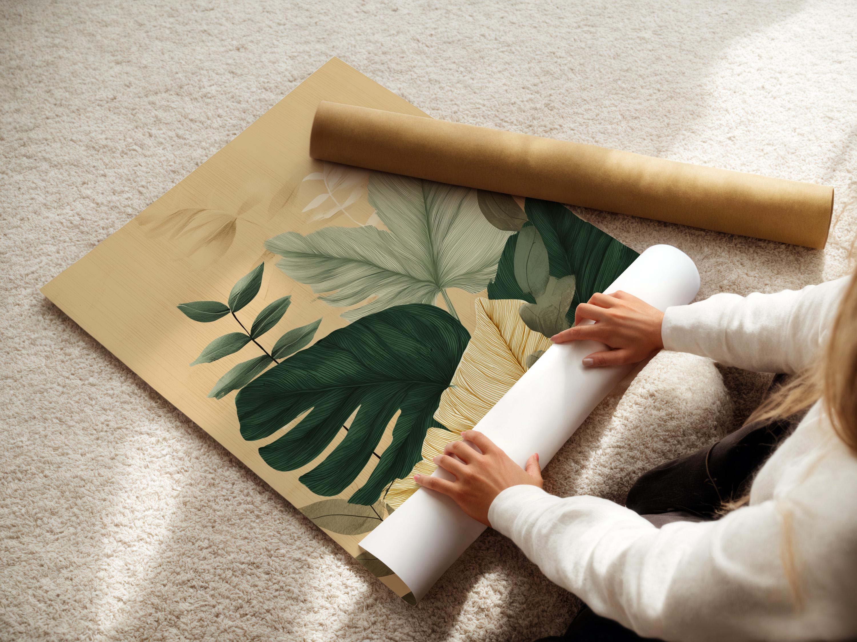 Framed botanical artwork featuring tropical leaves in green and teal on a beige background
