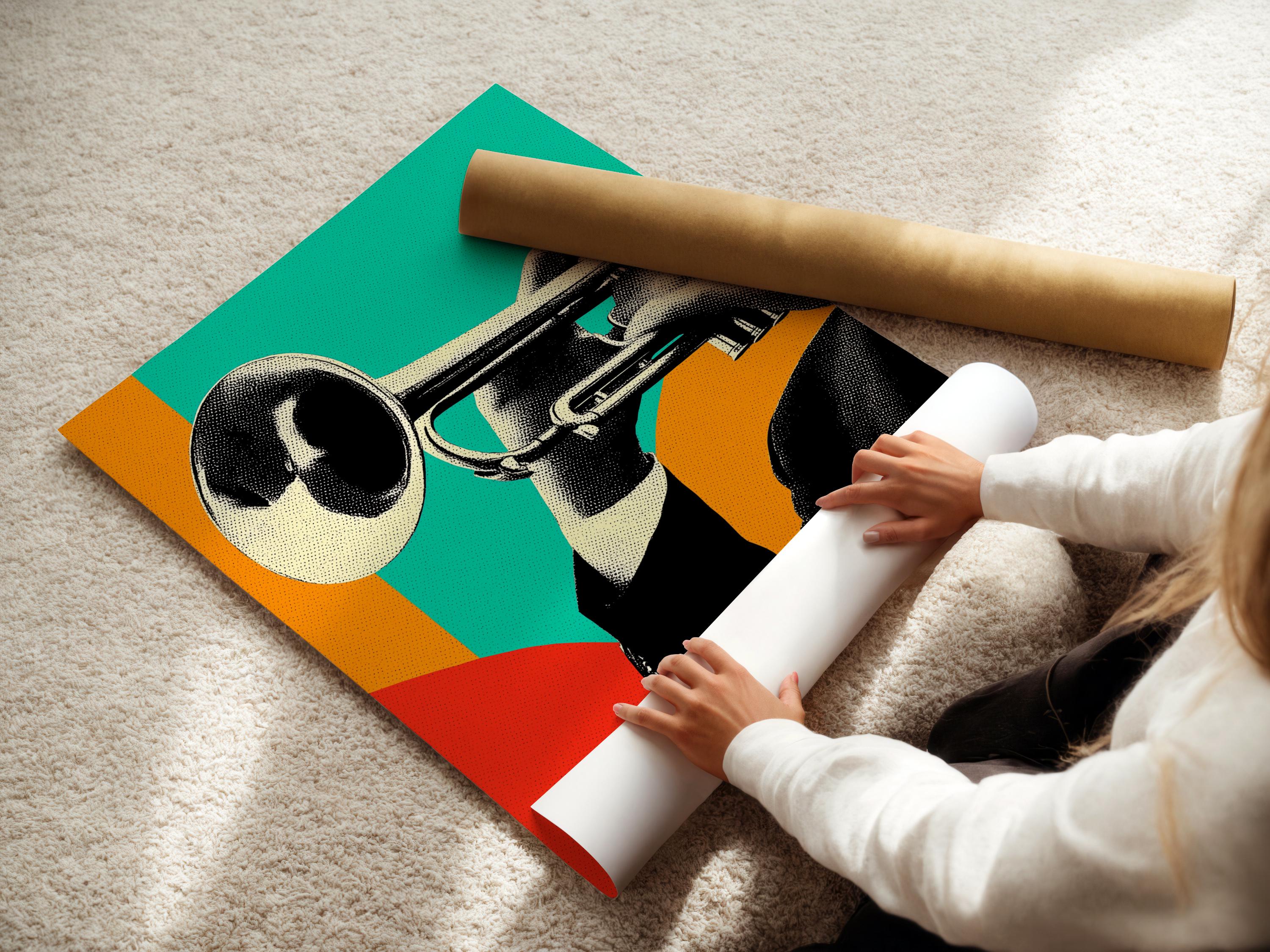 A retro-style illustration of a jazz trumpet player is shown in bold teal, orange and red blocks with strong black-and-white detailing detail view