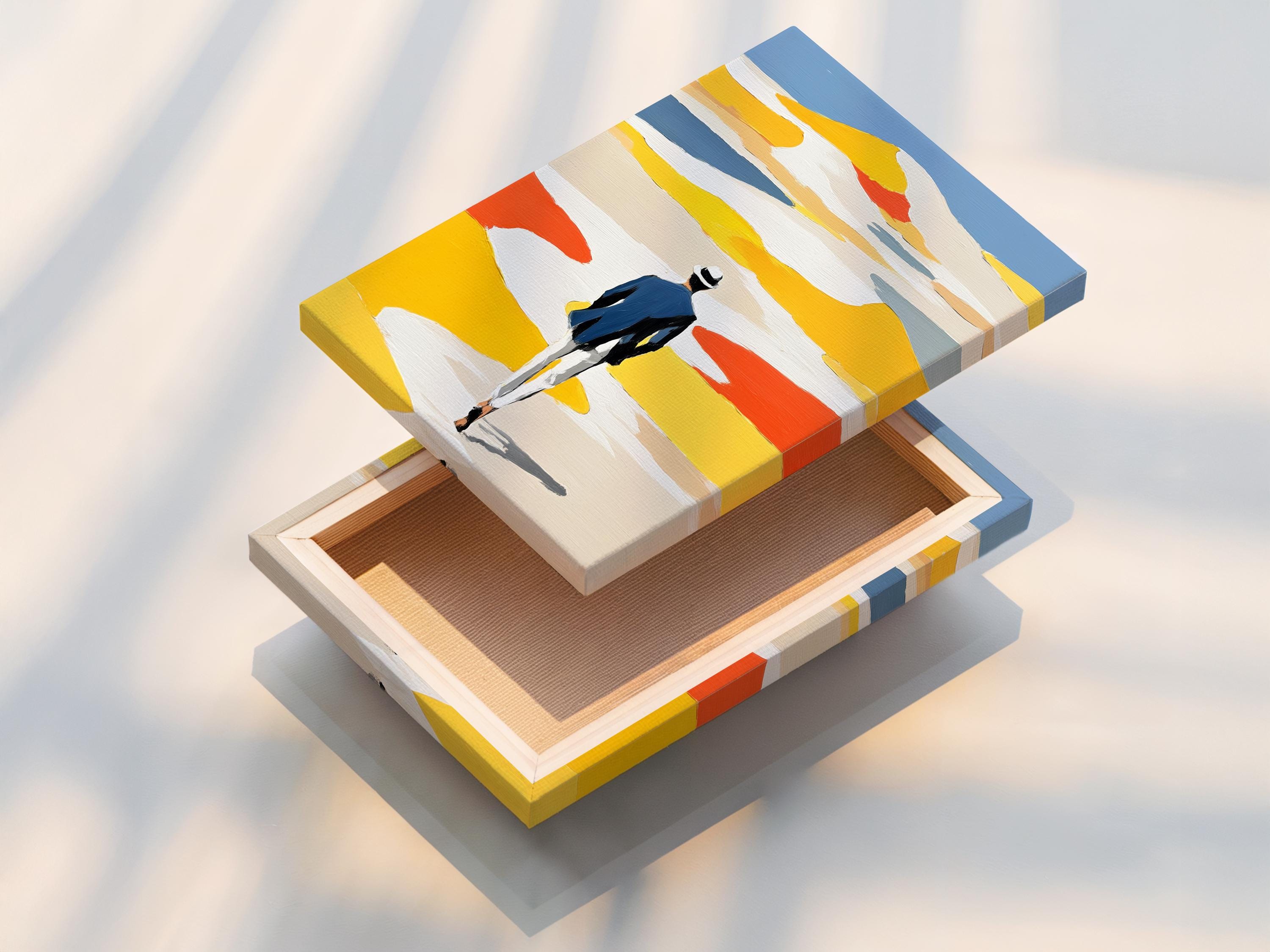 Room mockup featuring framed coastal beach artwork with a person walking away in yellow dunes