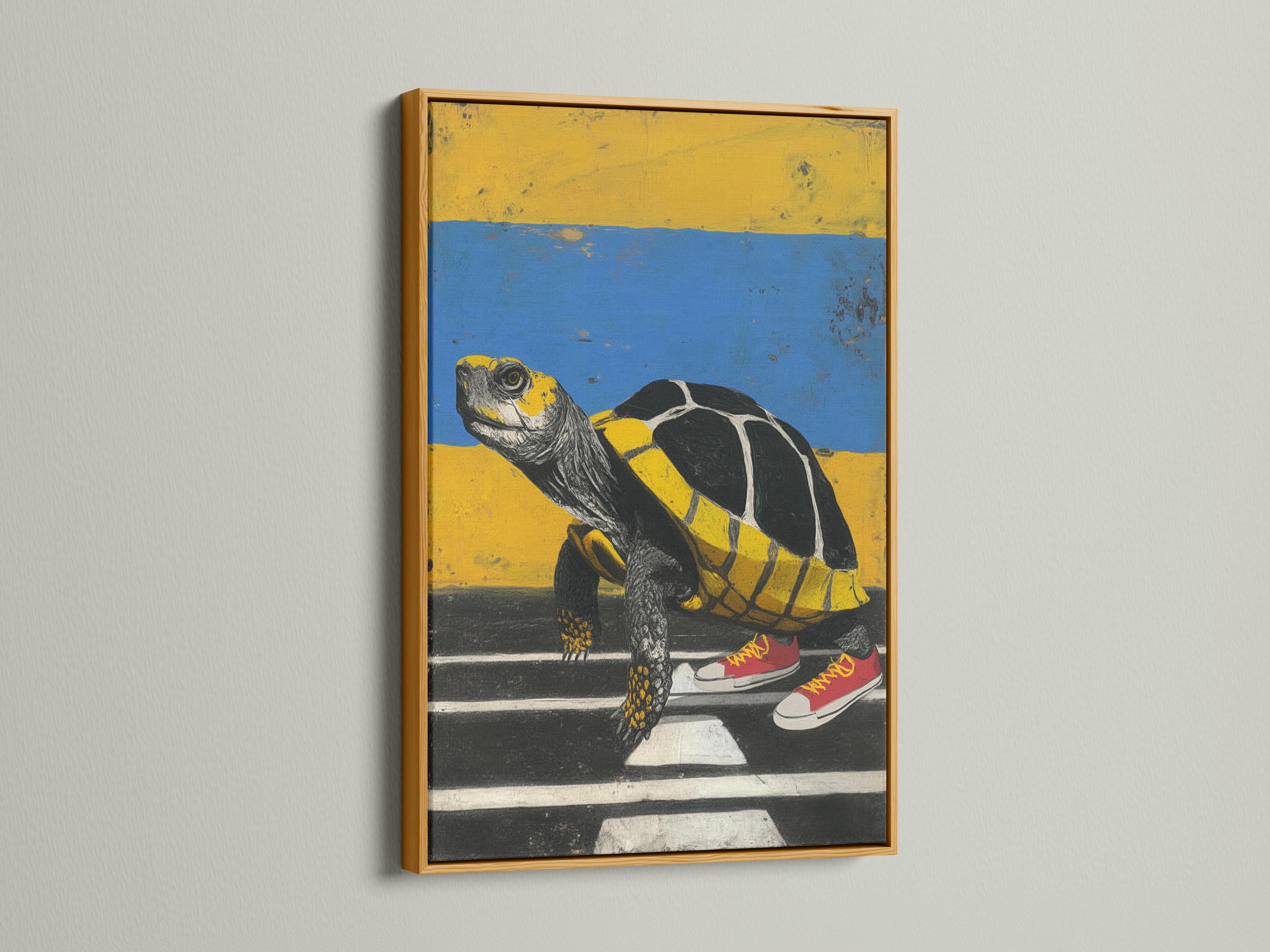 Stylised turtle wearing red sneakers on a road, with blue sky and yellow horizon detail view