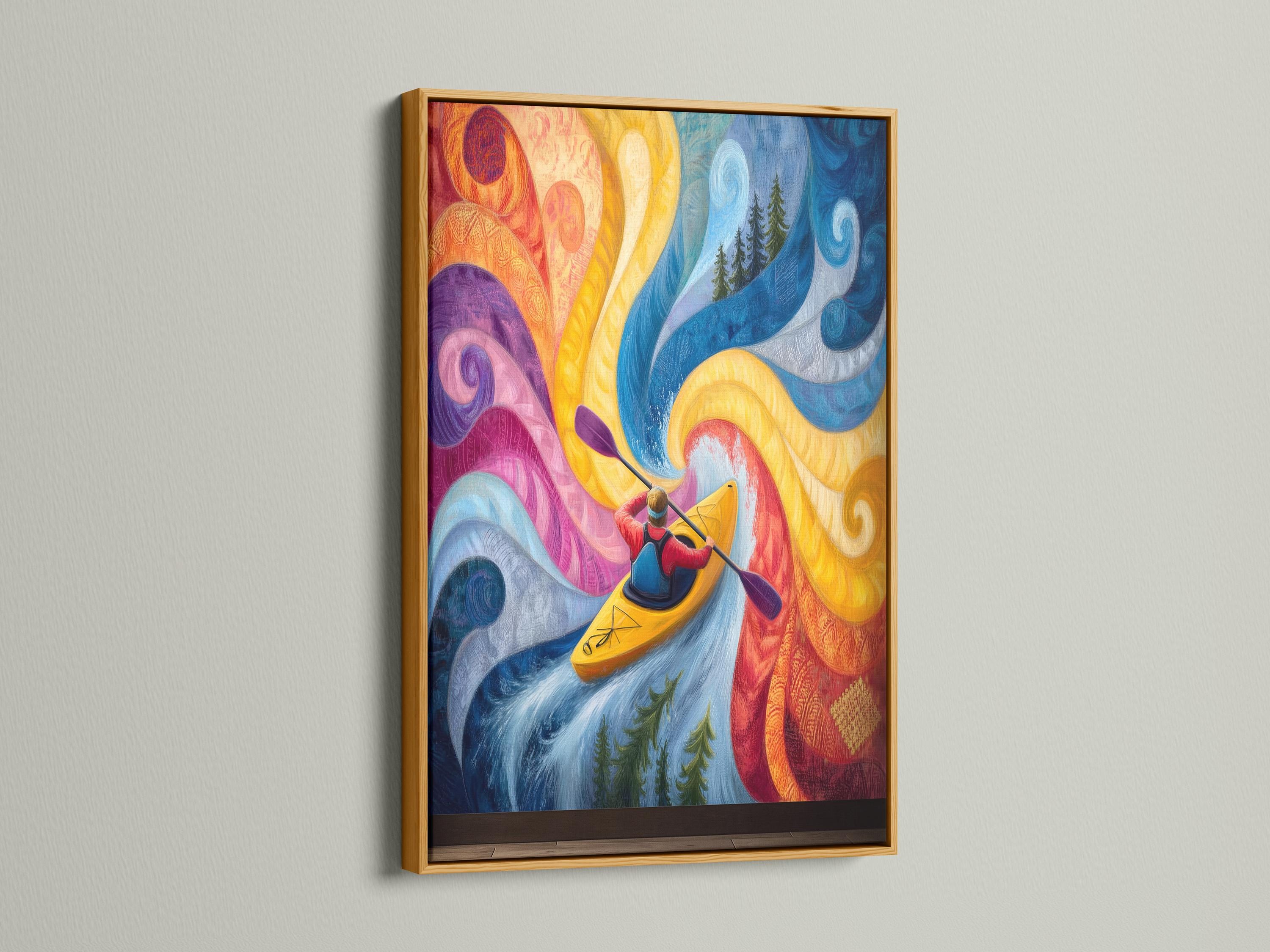 Room mockup showing a framed kayaker river artwork with swirling blue and yellow waves