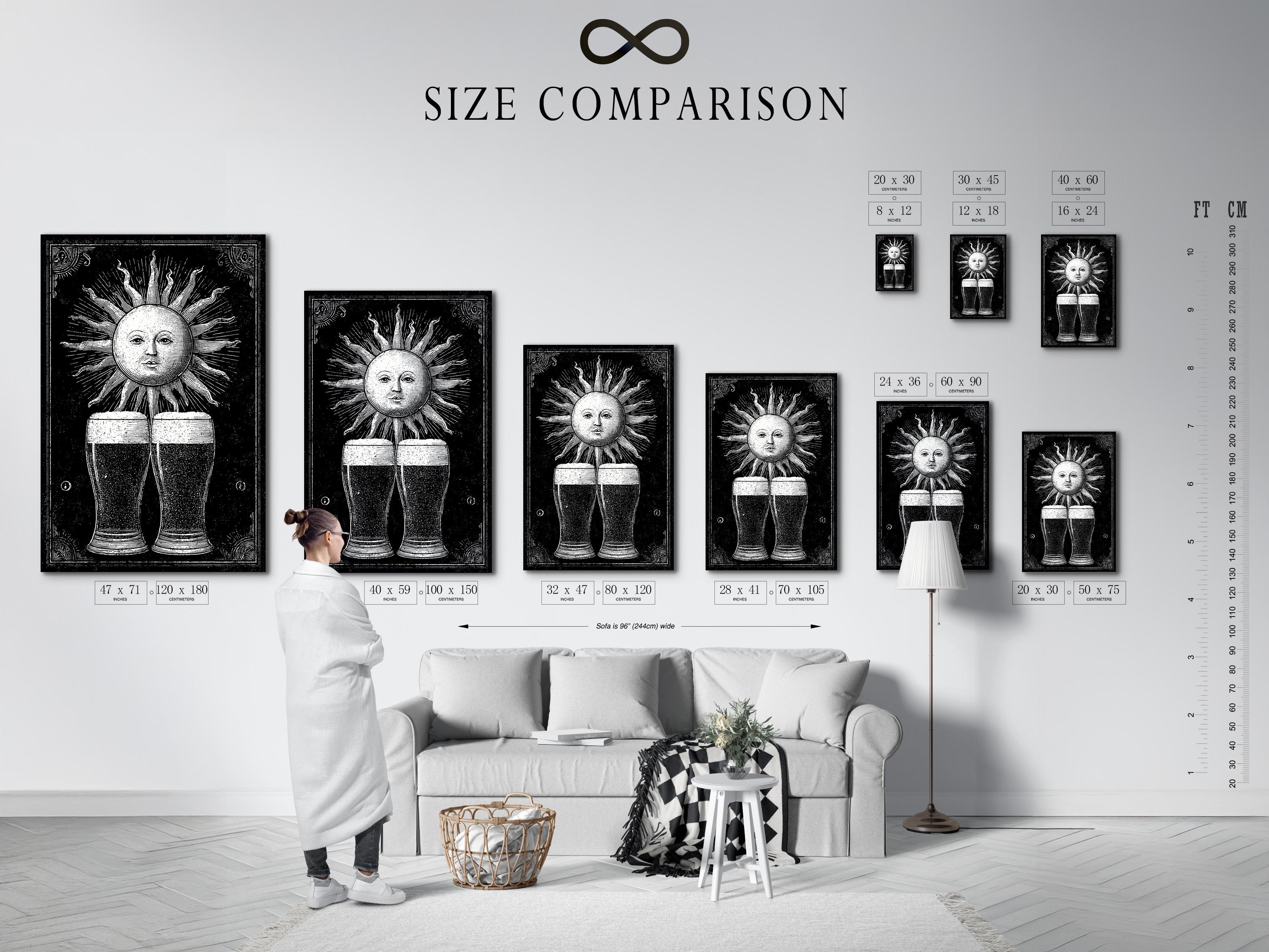 Black and white sun face with radiating rays above two mirrored beer mugs detail view