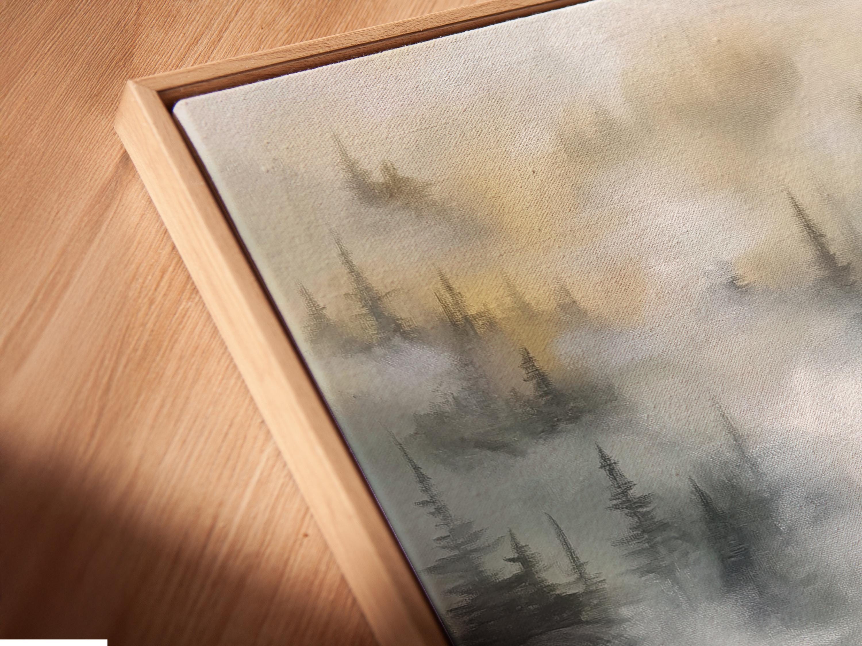 Misty forest with tall pine trees and a rustic cabin in the foreground detail view