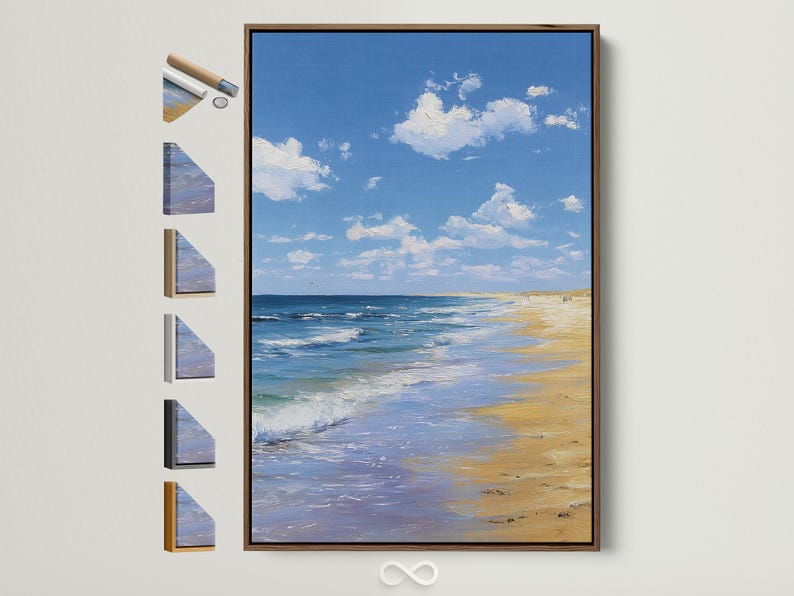 Blue ocean and sandy beach seascape with white clouds in a textured painterly style