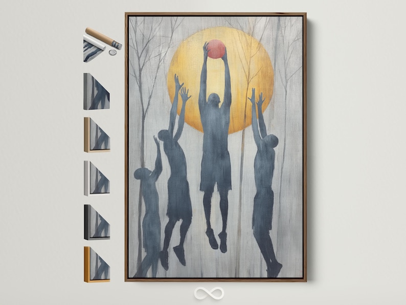 Basketball hoop silhouette with blue player figures reaching up inside a golden circle