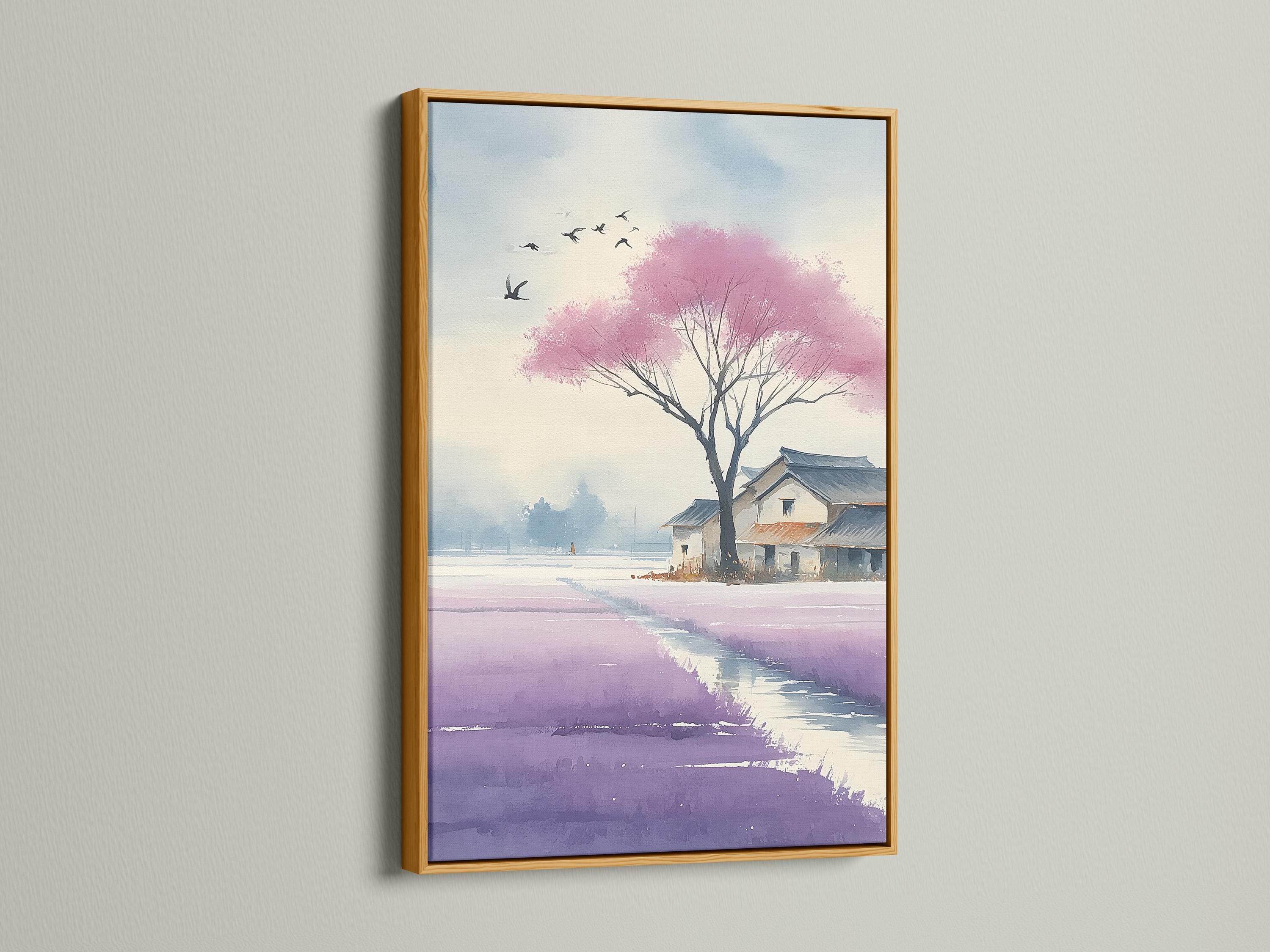 Blossoming pink cherry blossom tree landscape with birds and distant houses detail view
