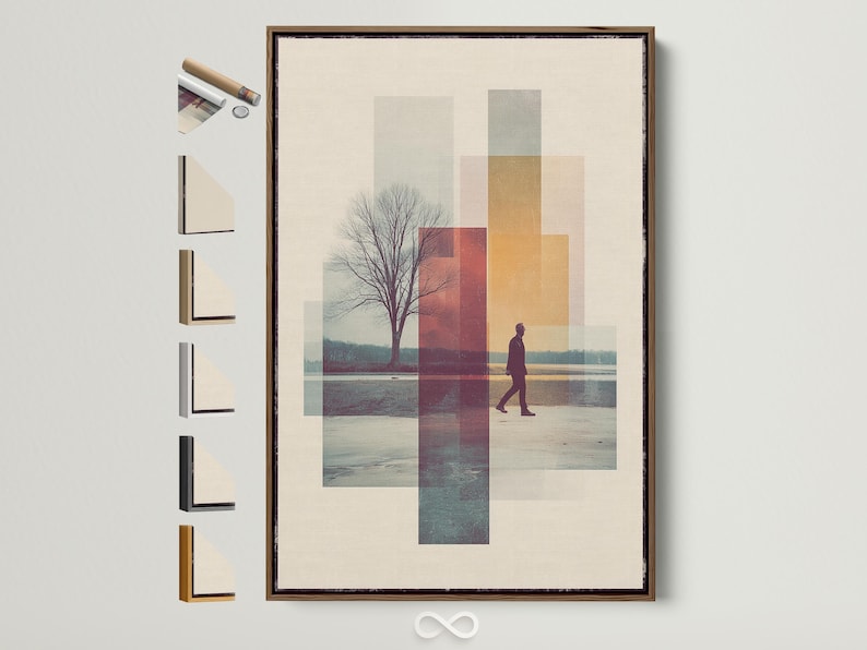 Beige abstract geometric landscape with a leafless tree and a walking figure