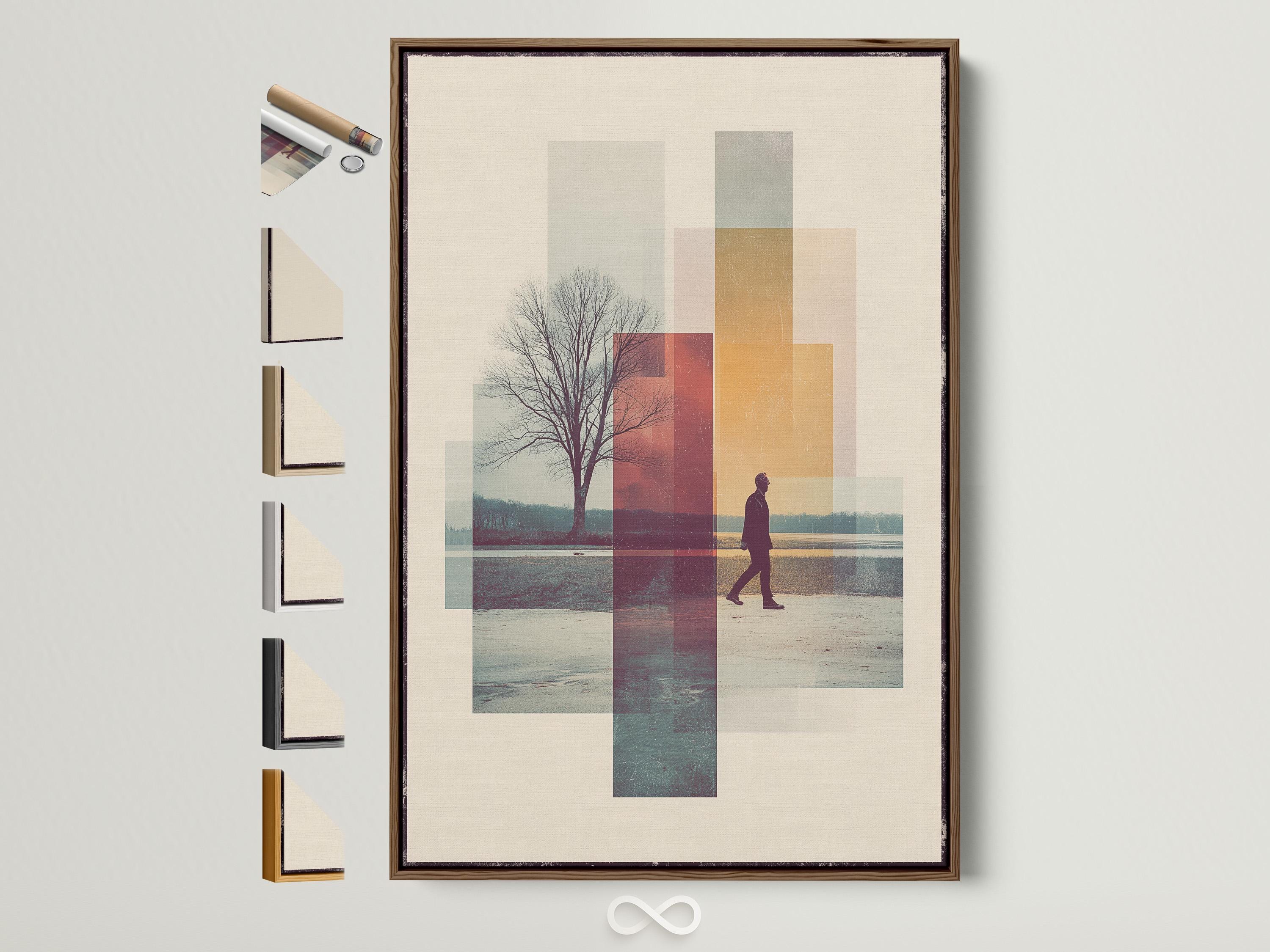 Beige abstract geometric landscape with a leafless tree and a walking figure