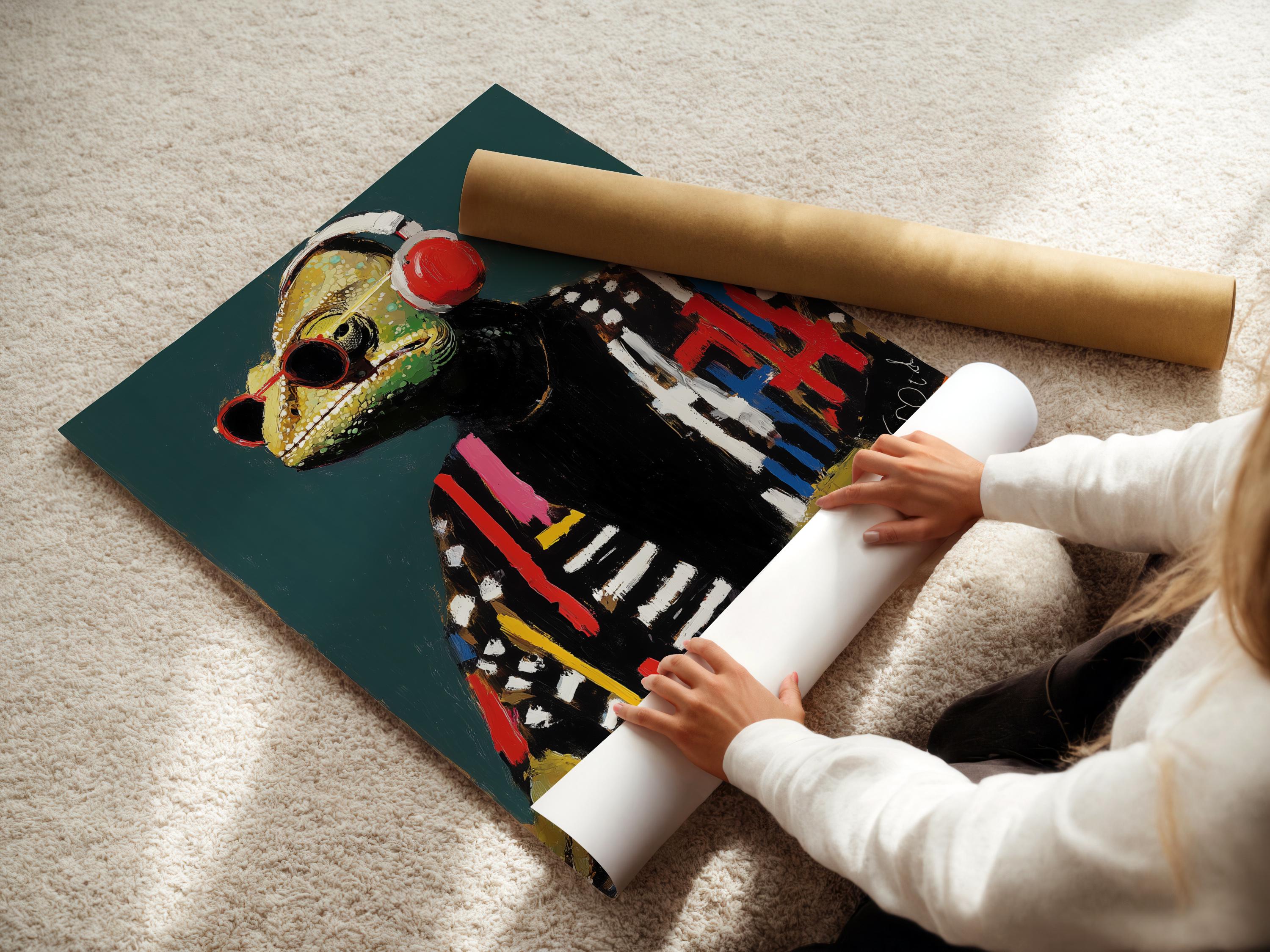Stylised reptile character wearing oversized red headphones with vivid paint strokes detail view
