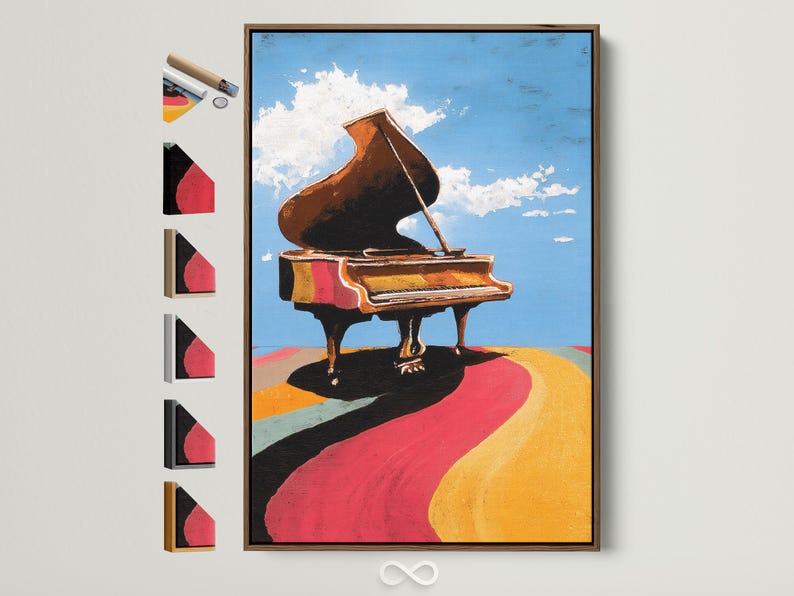 Stylised grand piano with raised lid under a blue sky with white clouds and colourful ground bands