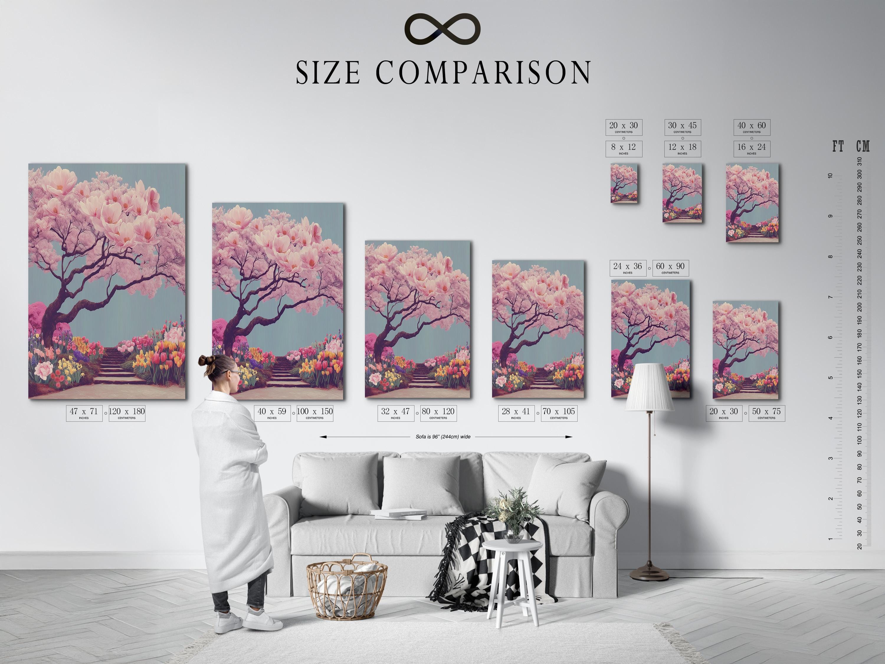 Cherry blossom tree illustration with pale pink blossoms and a winding flower-lined path detail view