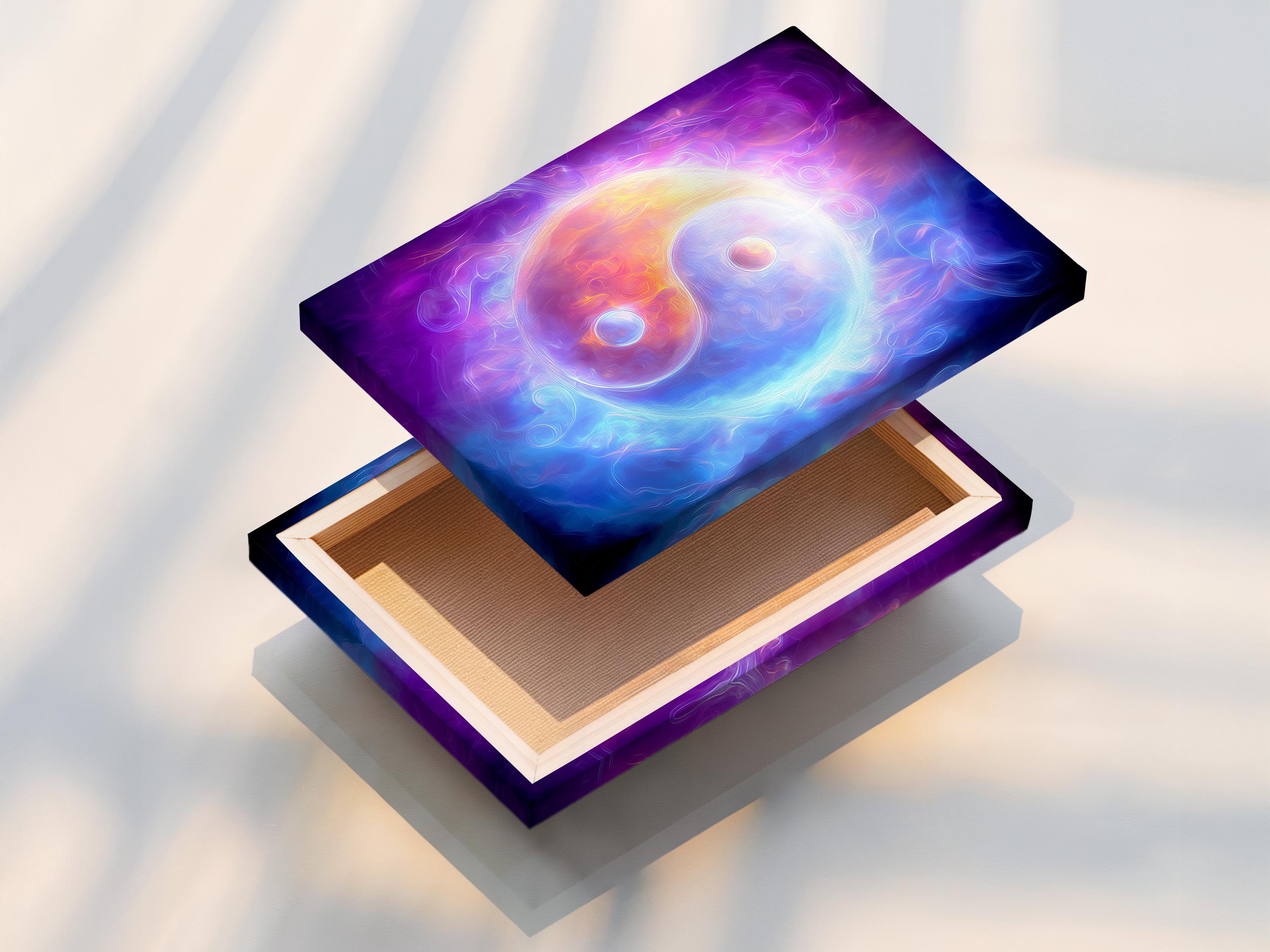 Portrait artwork of an abstract yin-yang inspired design in purple and blue shown in a room mockup