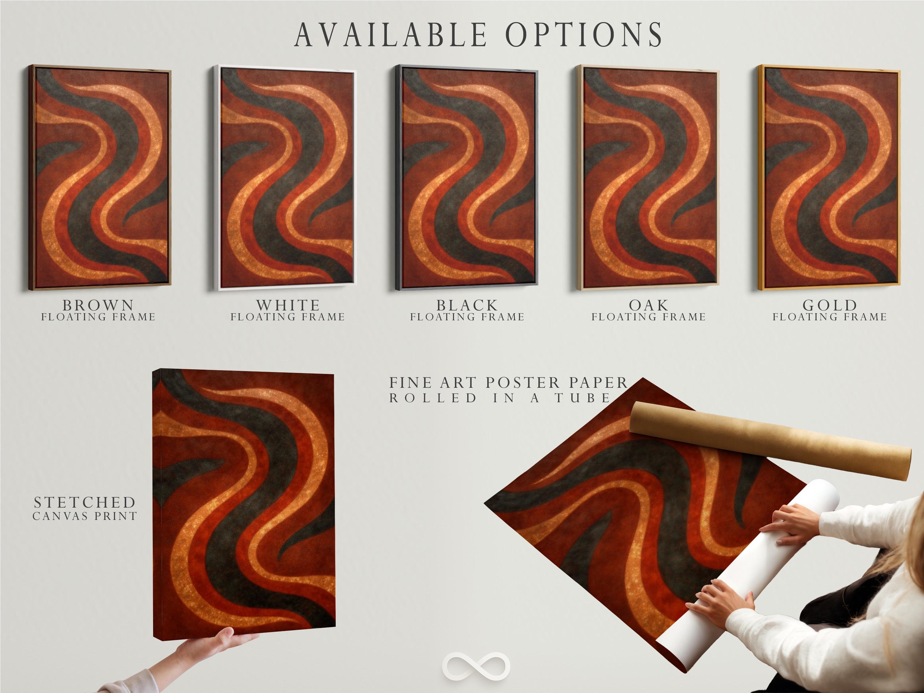 Abstract wave pattern with rust orange and amber gold curves and dark charcoal lines detail view