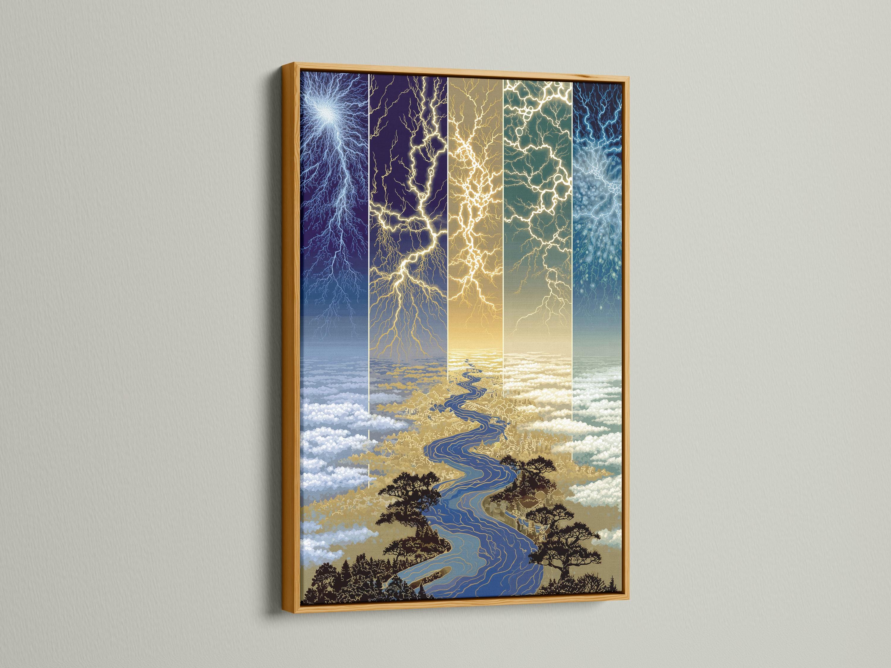 Blue and gold lightning river landscape with branching lightning bolts detail view