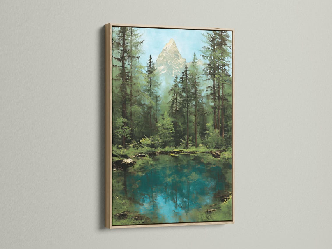 Forest mountain lake artwork shown in a room mockup with framed image