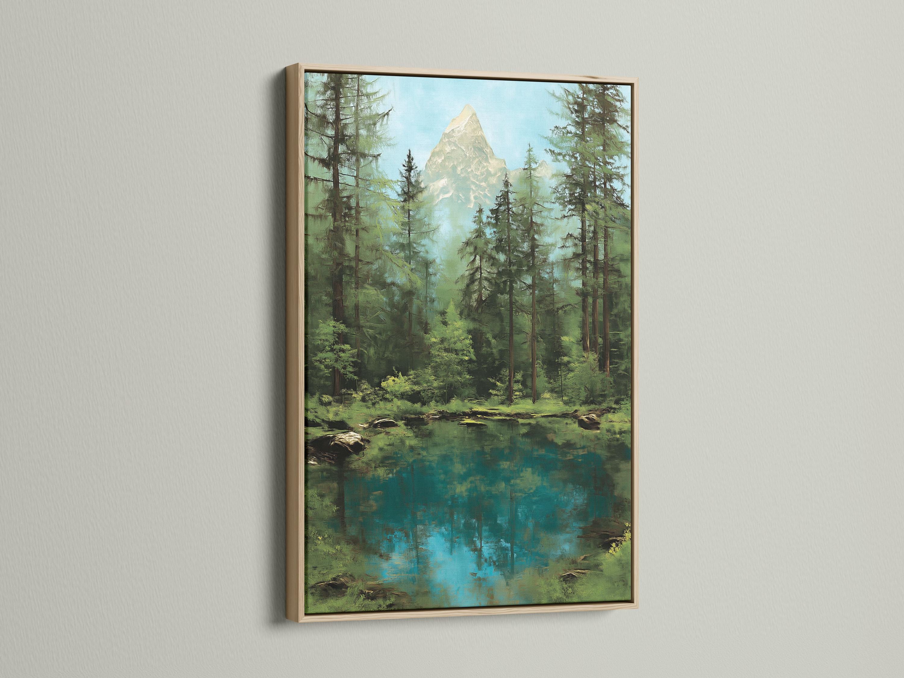 Forest mountain lake artwork shown in a room mockup with framed image