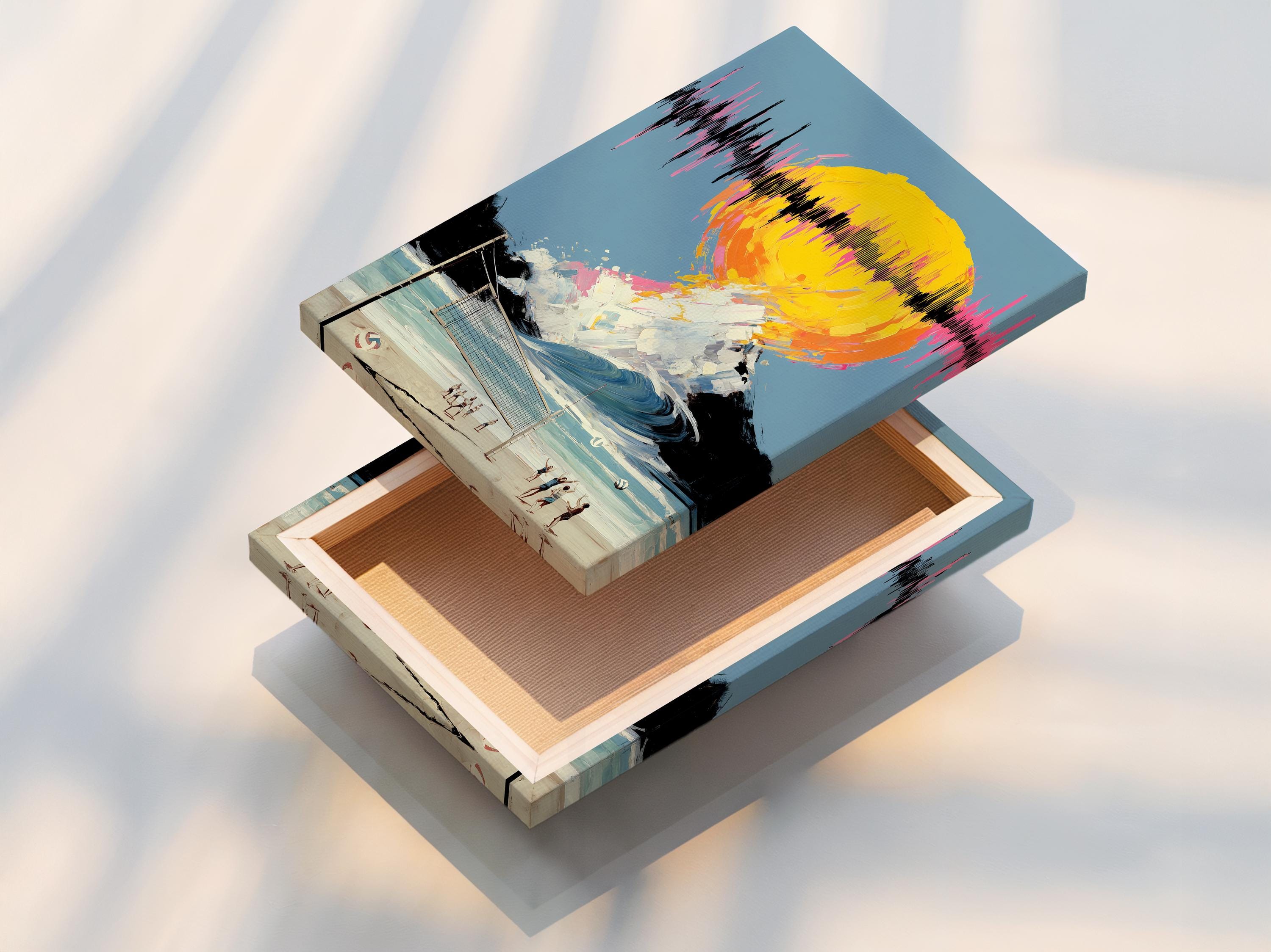 Mockup showing framed artwork featuring surreal beach volleyball and a neon sunset wave