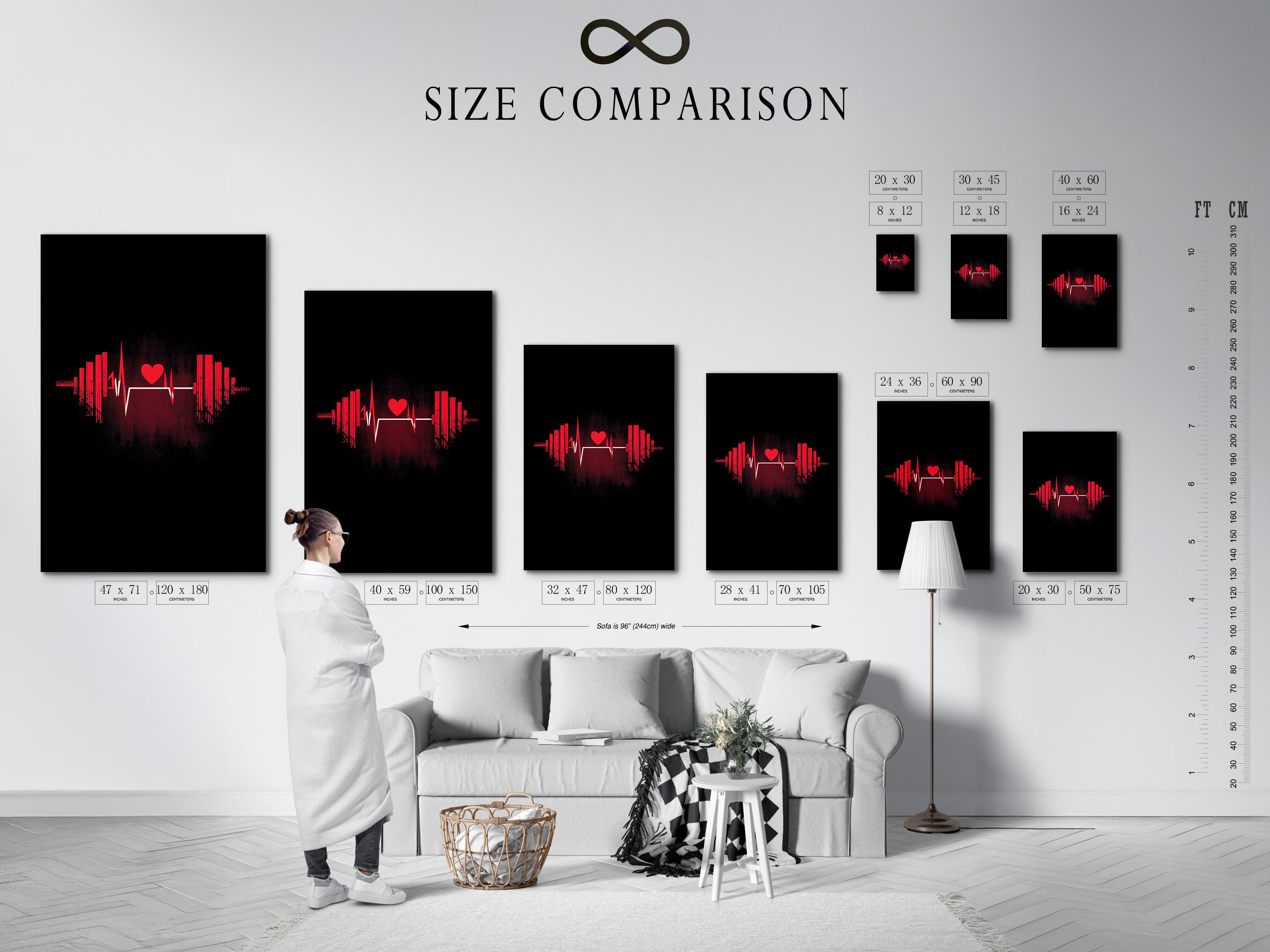 Black fitness graphic with a red heart icon, pulse waveform line and symmetrical vertical bars detail view