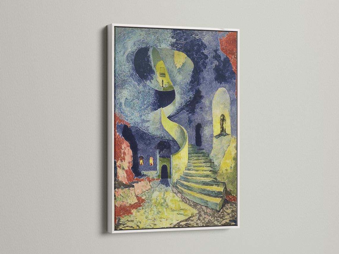 Room mockup showing framed surreal spiral staircase artwork with blue and green tones