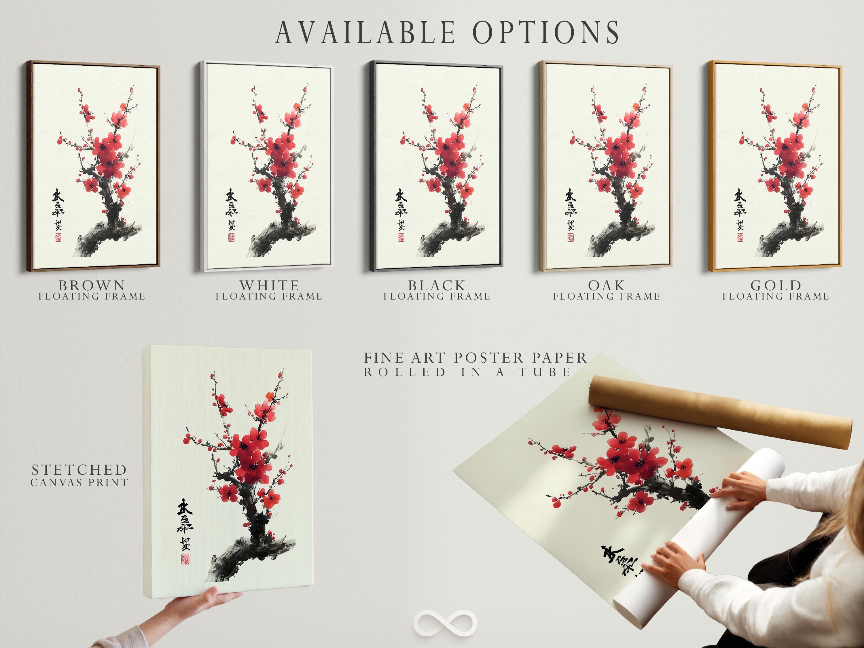 Red plum blossom flowers on dark ink branches with vertical calligraphy and a red seal stamp detail view