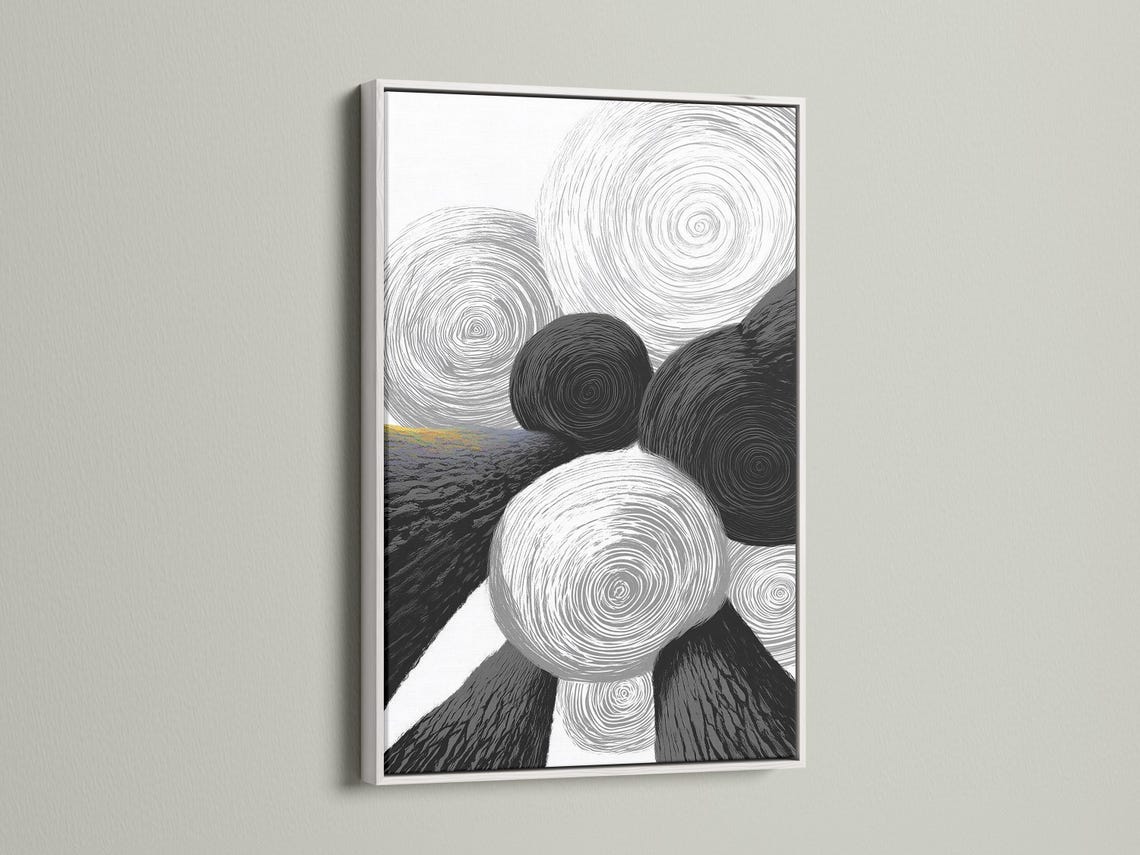 Monochrome abstract artwork with overlapping swirling rings in black, white and grey detail view