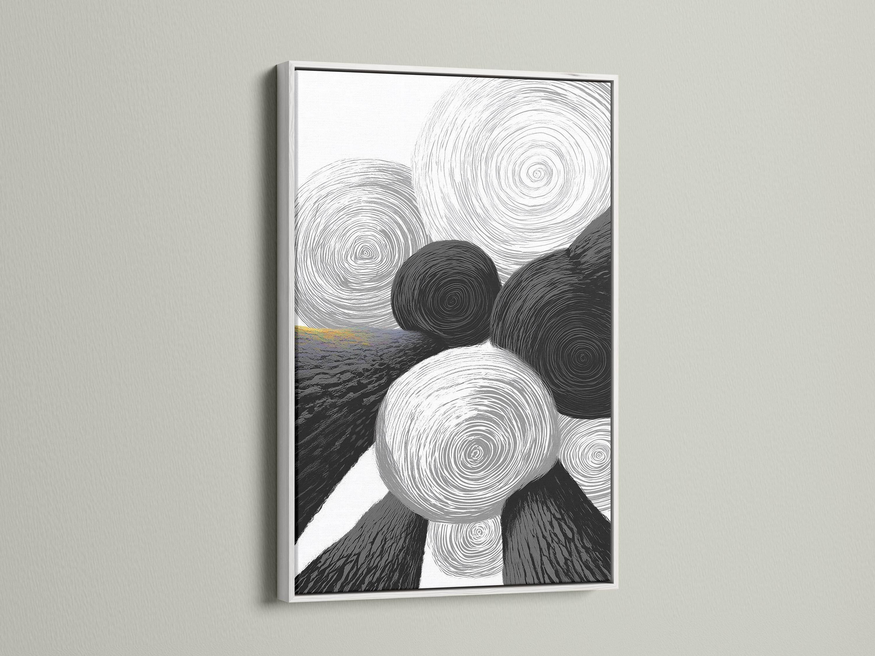 Monochrome abstract artwork with overlapping swirling rings in black, white and grey detail view
