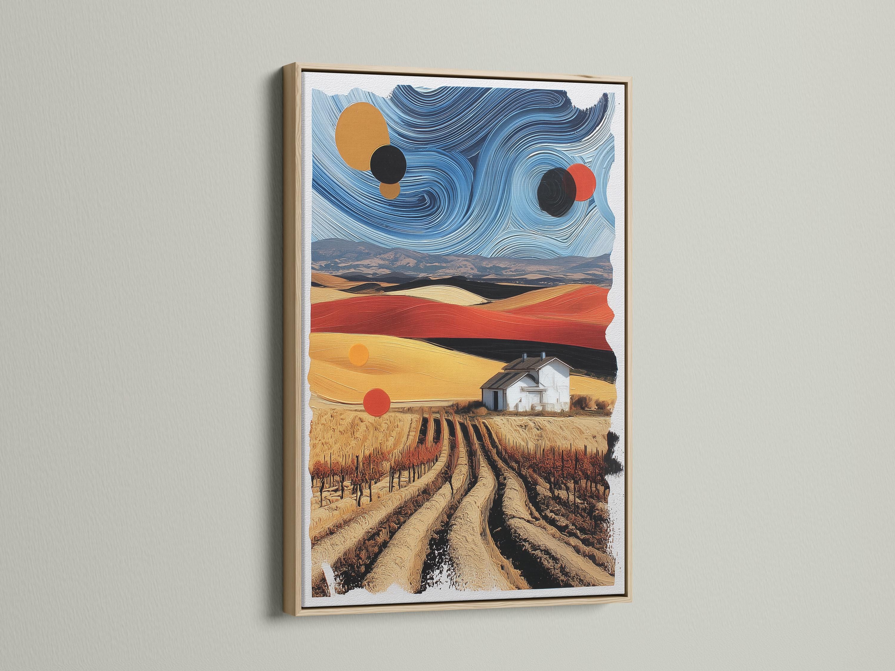 Stylised countryside landscape with ochre fields, a farmhouse, and a swirling blue sky with circular accents detail view