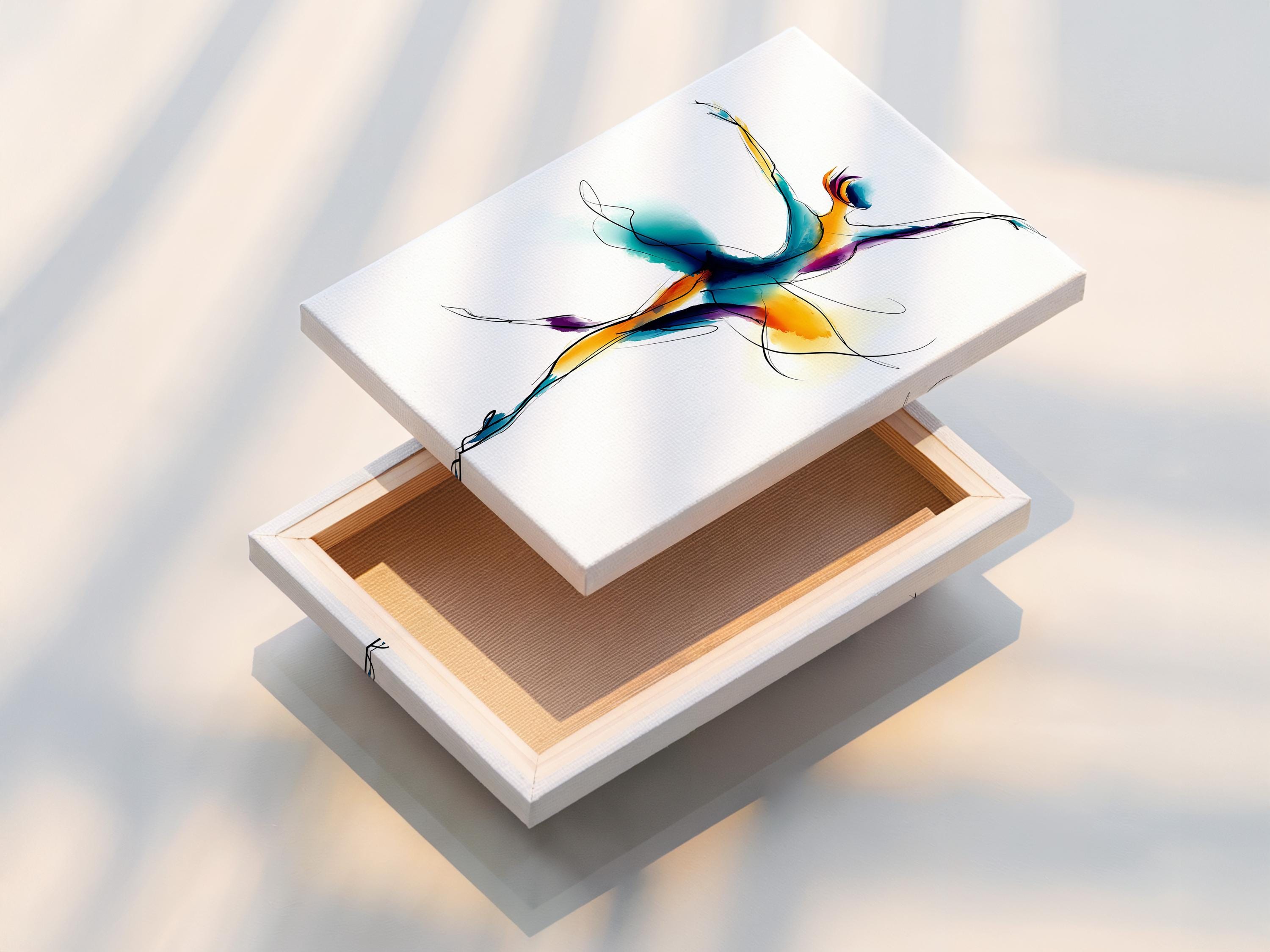 Ballet dancer illustration with teal, purple, and gold swirls on a white background detail view