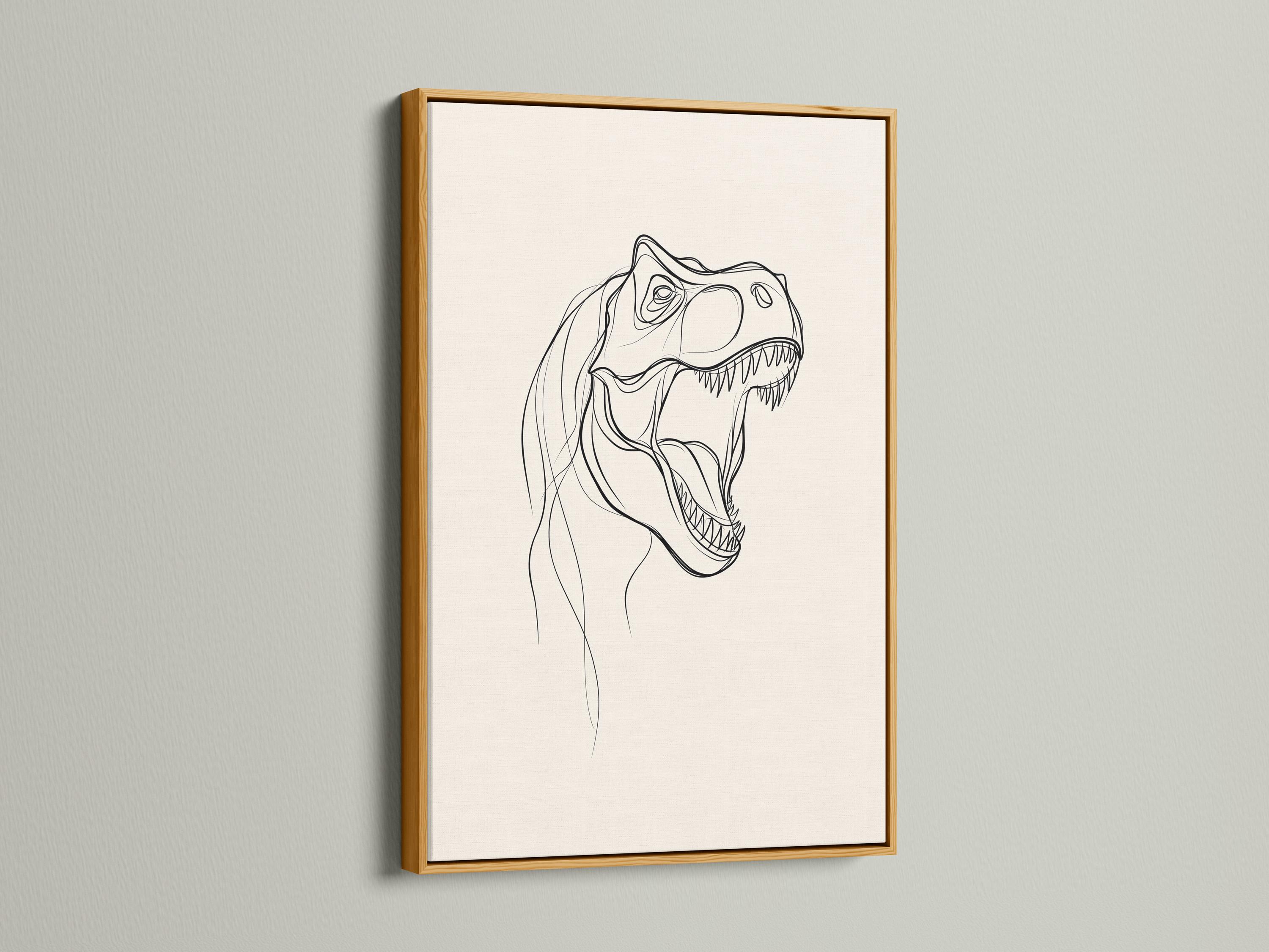T-rex line art wall mockup with a framed black line drawing on an off-white background