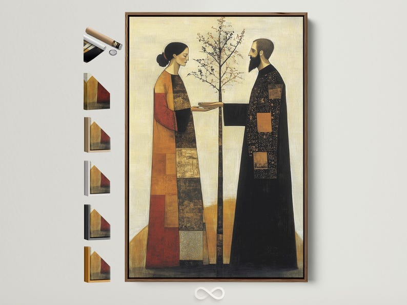 A stylised folk-art couple facing each other with a small tree between them, in warm beige, terracotta and black