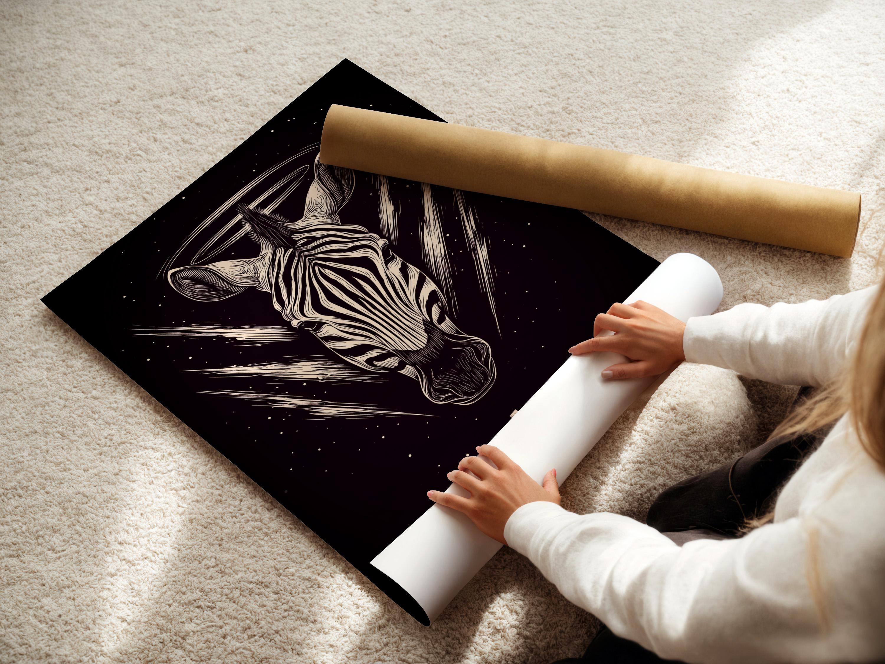 Stylised zebra head in off-white linework on a dark starry background with a halo ring and cross detail view