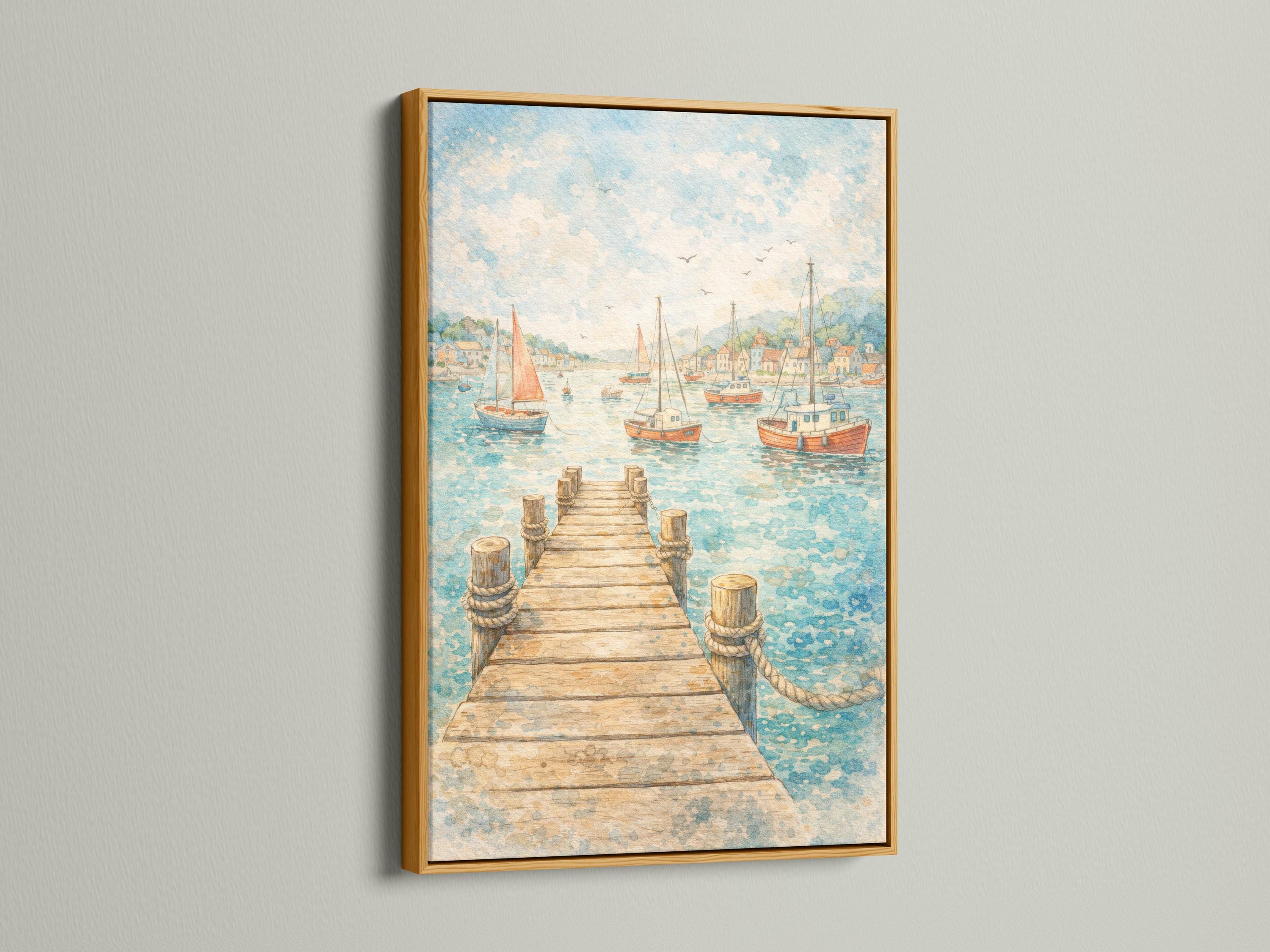Watercolour-style harbour scene with a pier, sailboats, distant town buildings, and birds in the sky detail view