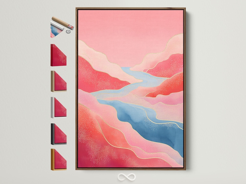 Pink and blue abstract landscape with a winding river and pale yellow contour lines