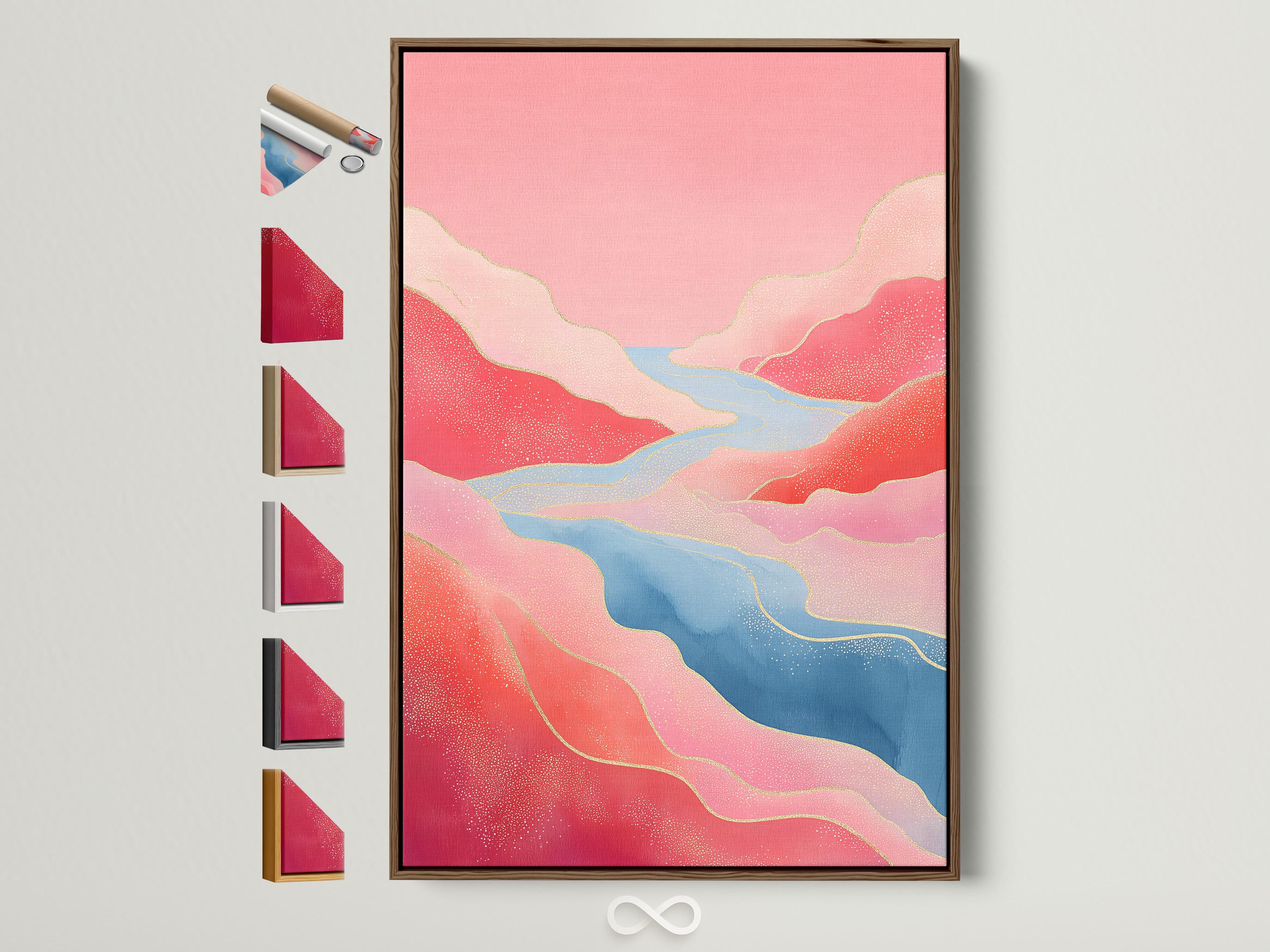 Pink and blue abstract landscape with a winding river and pale yellow contour lines