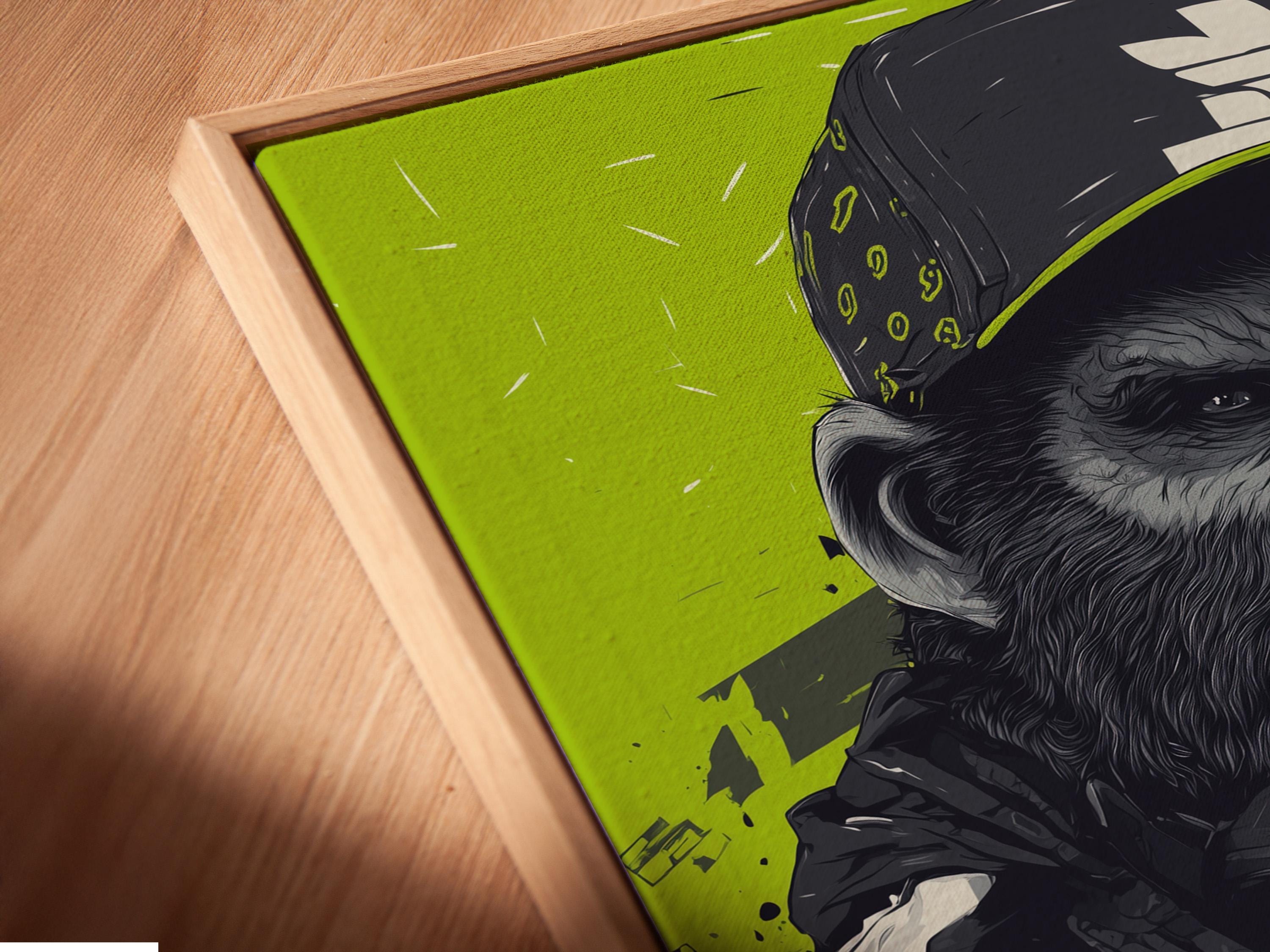 Mockup showing a framed gorilla barbell street-art image with a neon lime green background