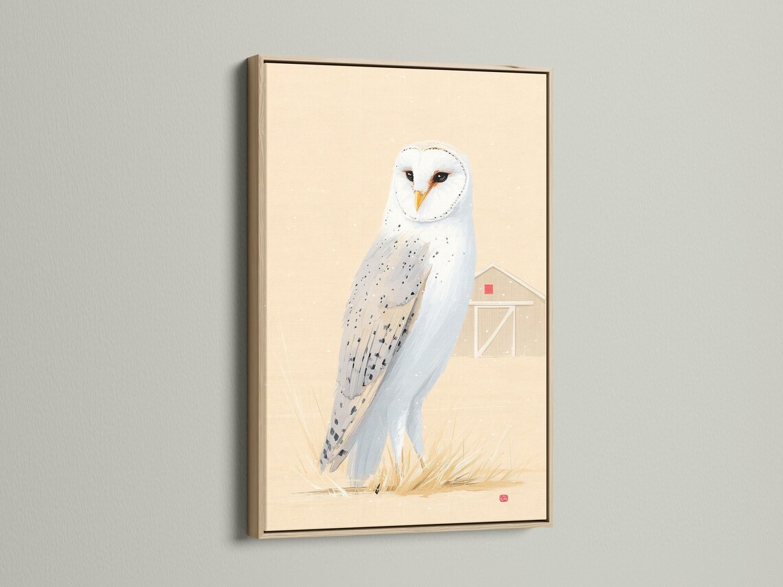 Painterly barn owl with white feathers and an orange beak on pale grass against warm beige background with snow-like specks detail view