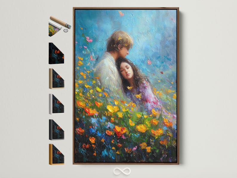 Romantic couple embracing in a blue wildflower field, painterly textured style