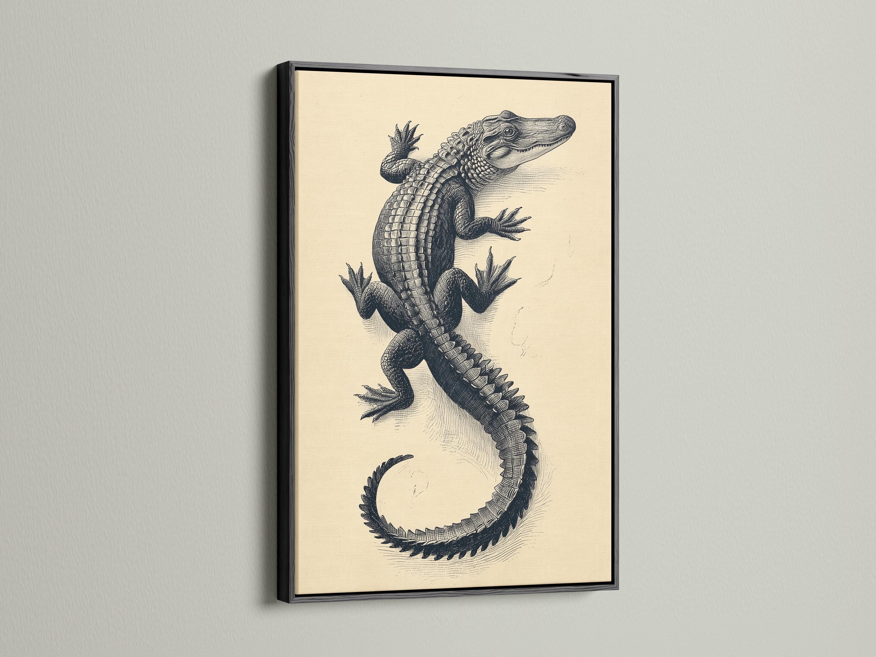 Room mockup showing framed alligator illustration above a wooden desk
