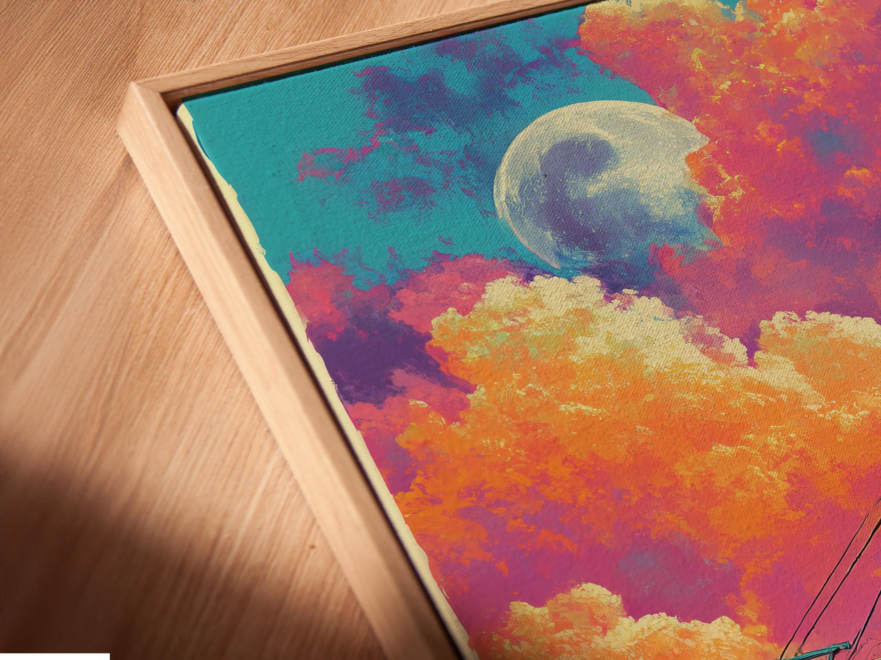 Retro stylised train on snowy tracks under a large moon and colourful night clouds detail view