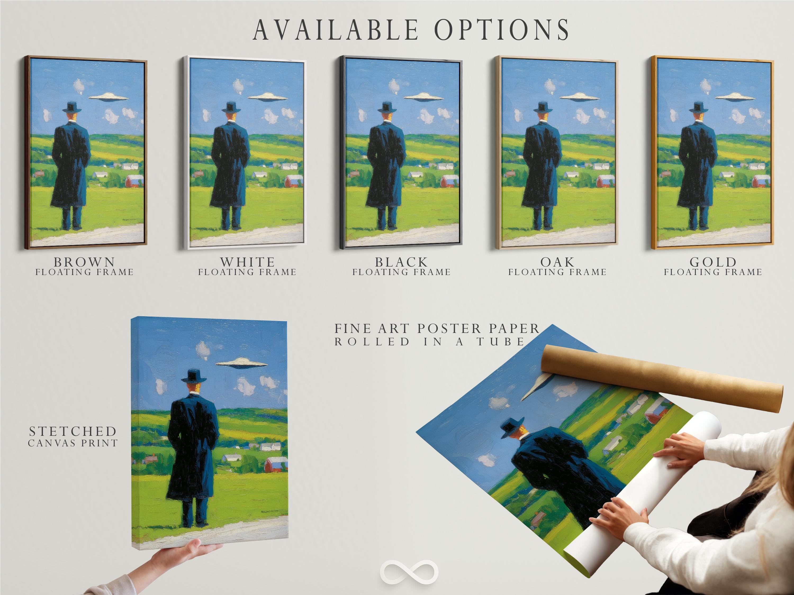 Man in a top hat looking up at a hovering UFO in a blue sky over green countryside detail view