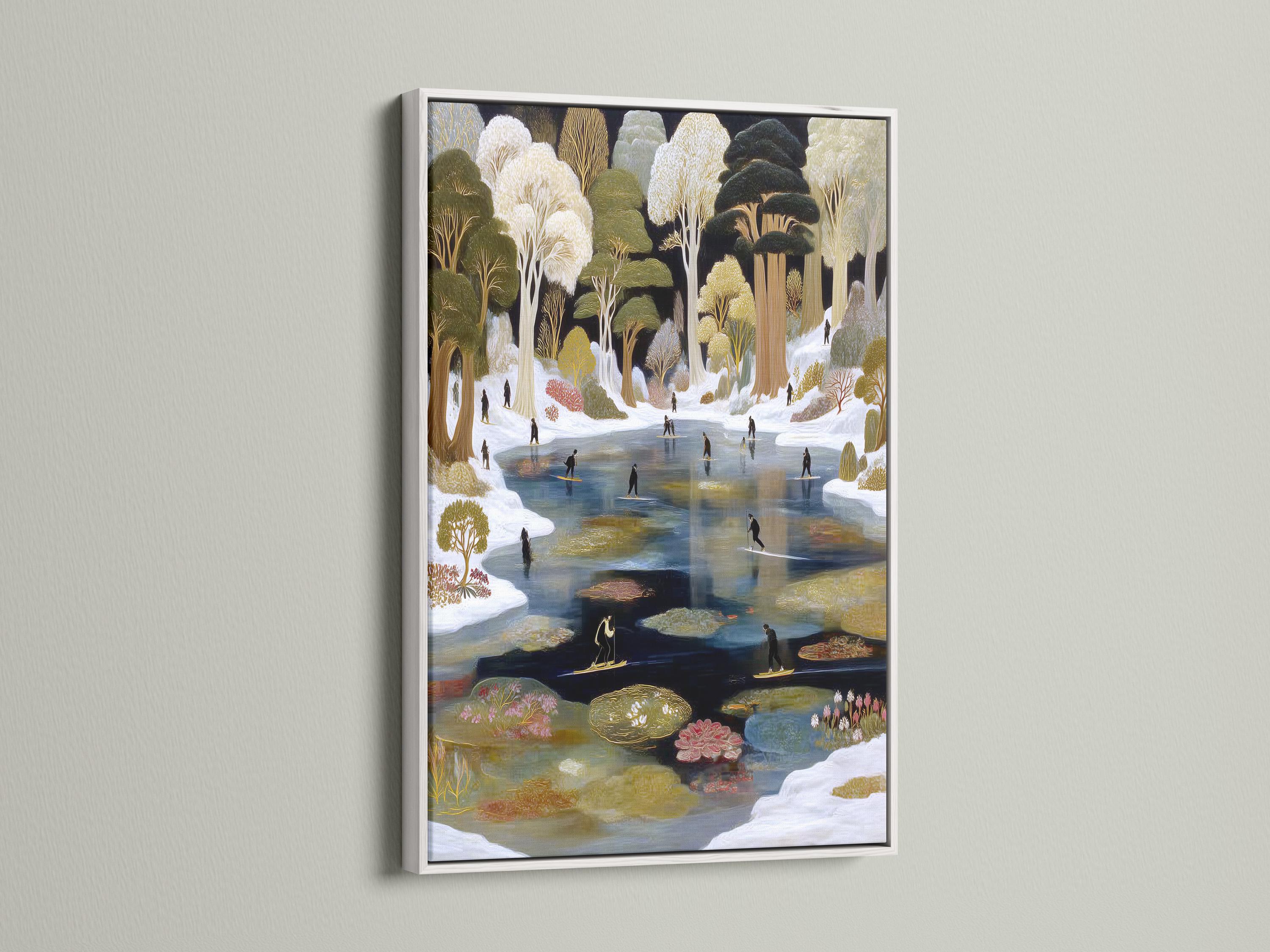 A winter pond landscape shows snow-covered trees with gold-toned accents and figures gliding on an icy waterway detail view