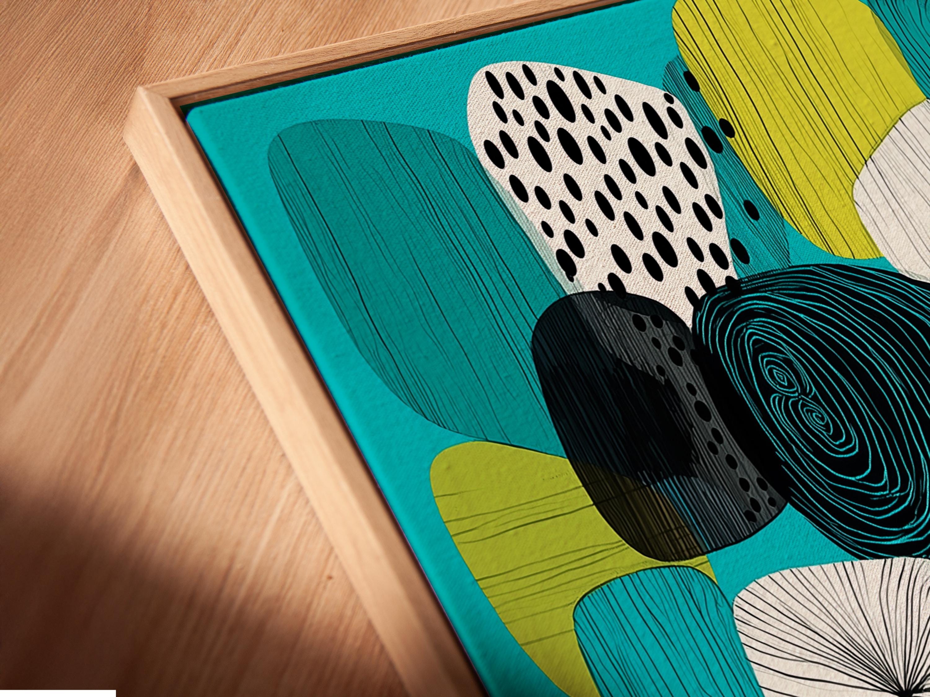 Abstract artwork in a framed composition with turquoise background and patterned shapes