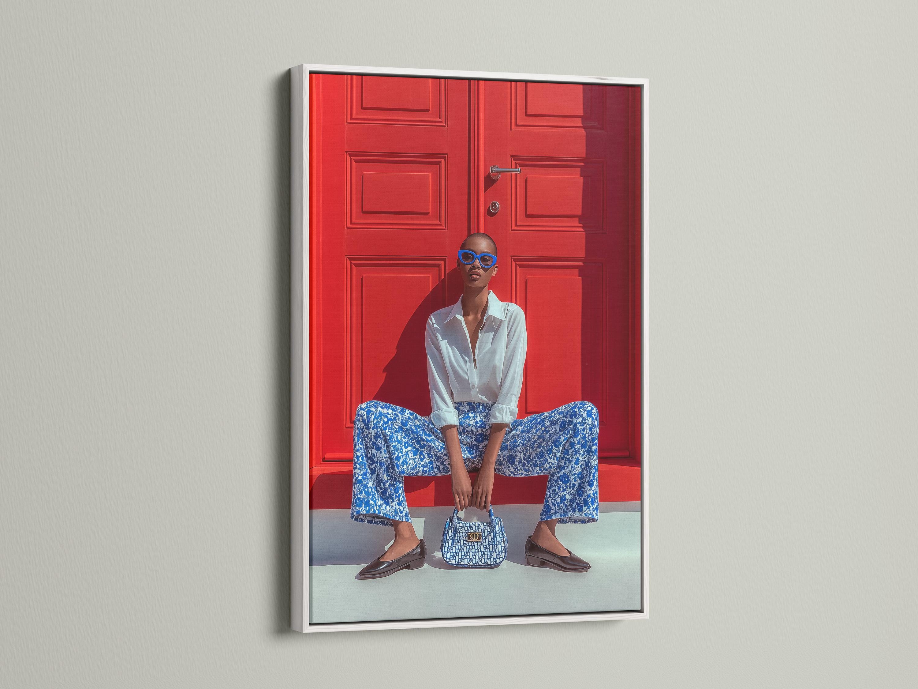 Seated fashion portrait with blue glasses in front of a red door backdrop detail view