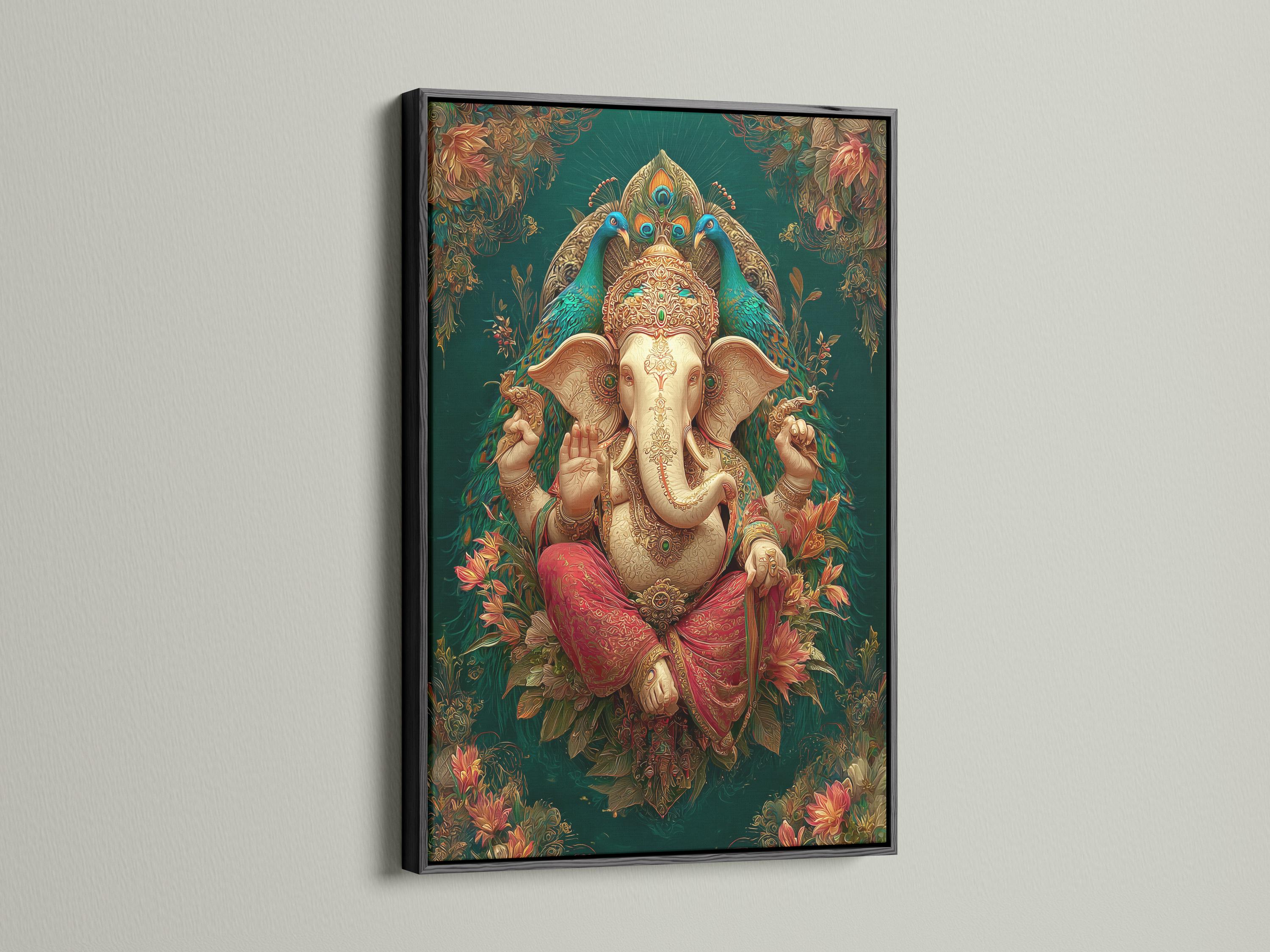 A richly coloured elephant-headed deity figure sits front-facing, surrounded by ornate floral vines on a deep green patterned background detail view