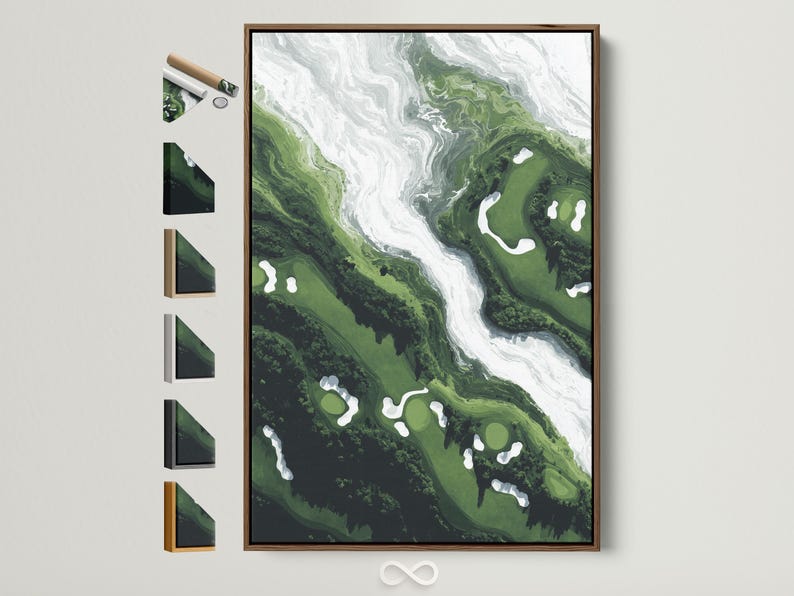 Green and white semi-abstract aerial landscape with a winding pale channel through layered terrain