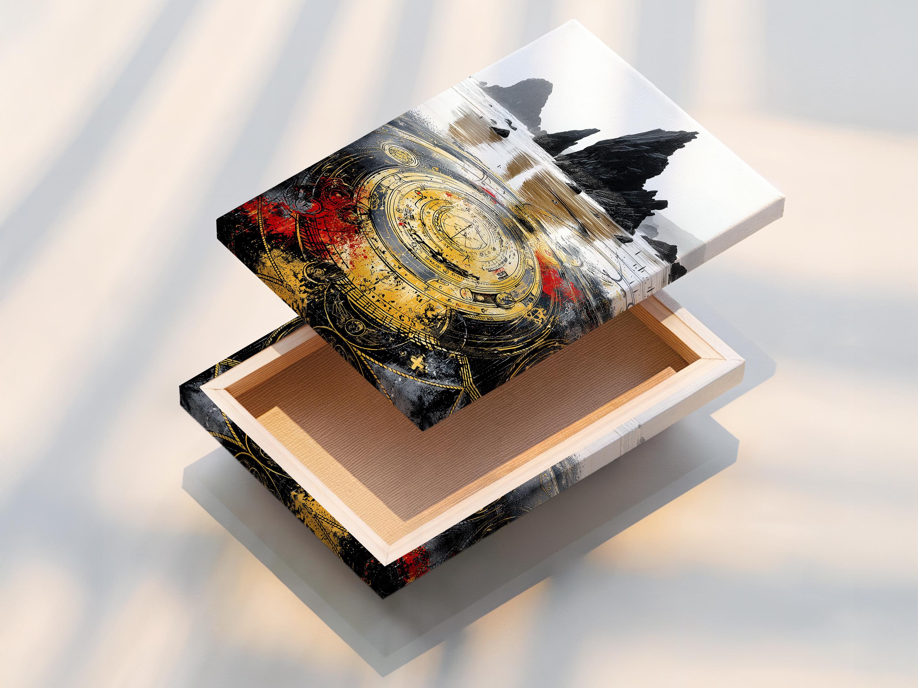 Moody seascape with dark rocks and a large ornate gold compass with red accents detail view